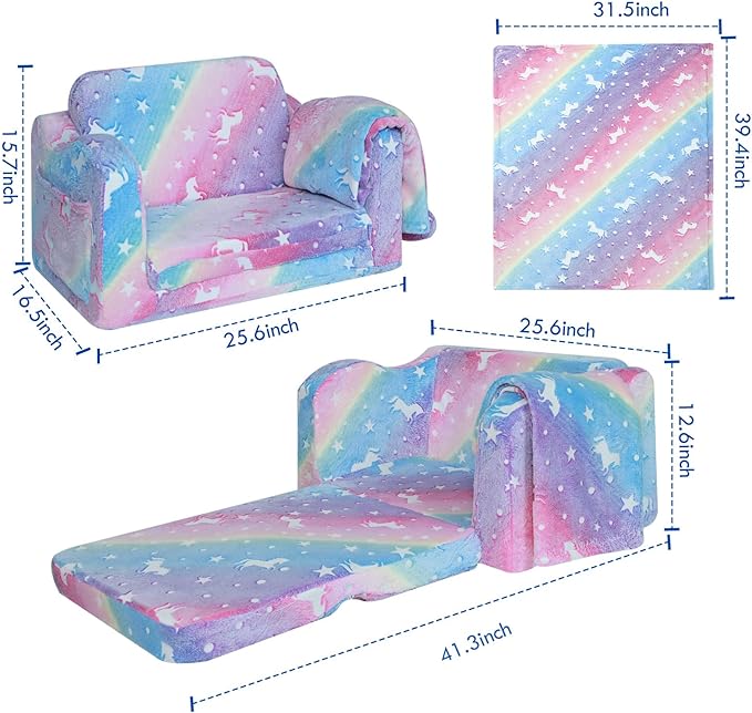 Fold Out Kids Couch, Flip Out Kids Sofa Chair with Blanket | GlowSofa