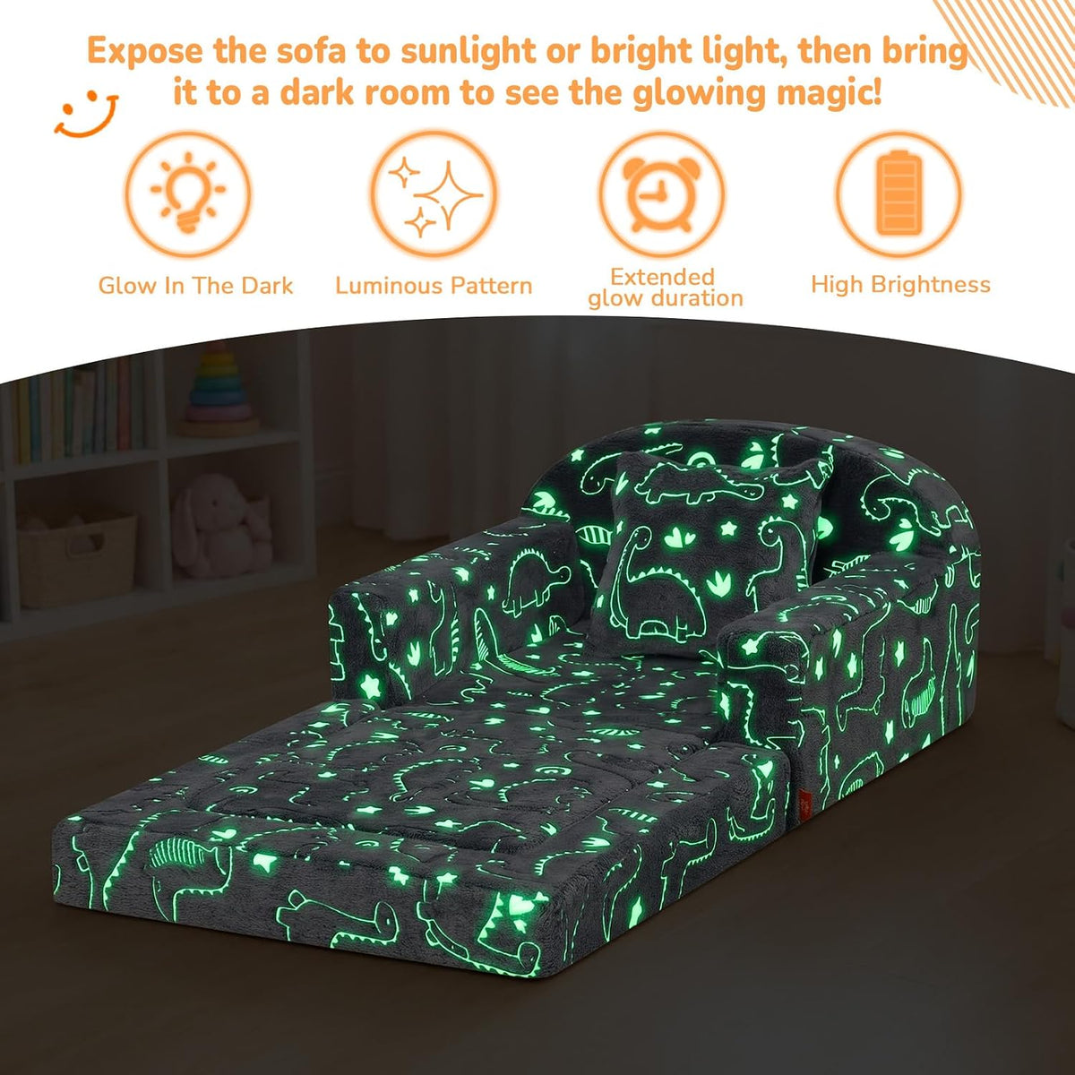 Rainbow Unicorn Glow Kids Couch, 42" Fold Out