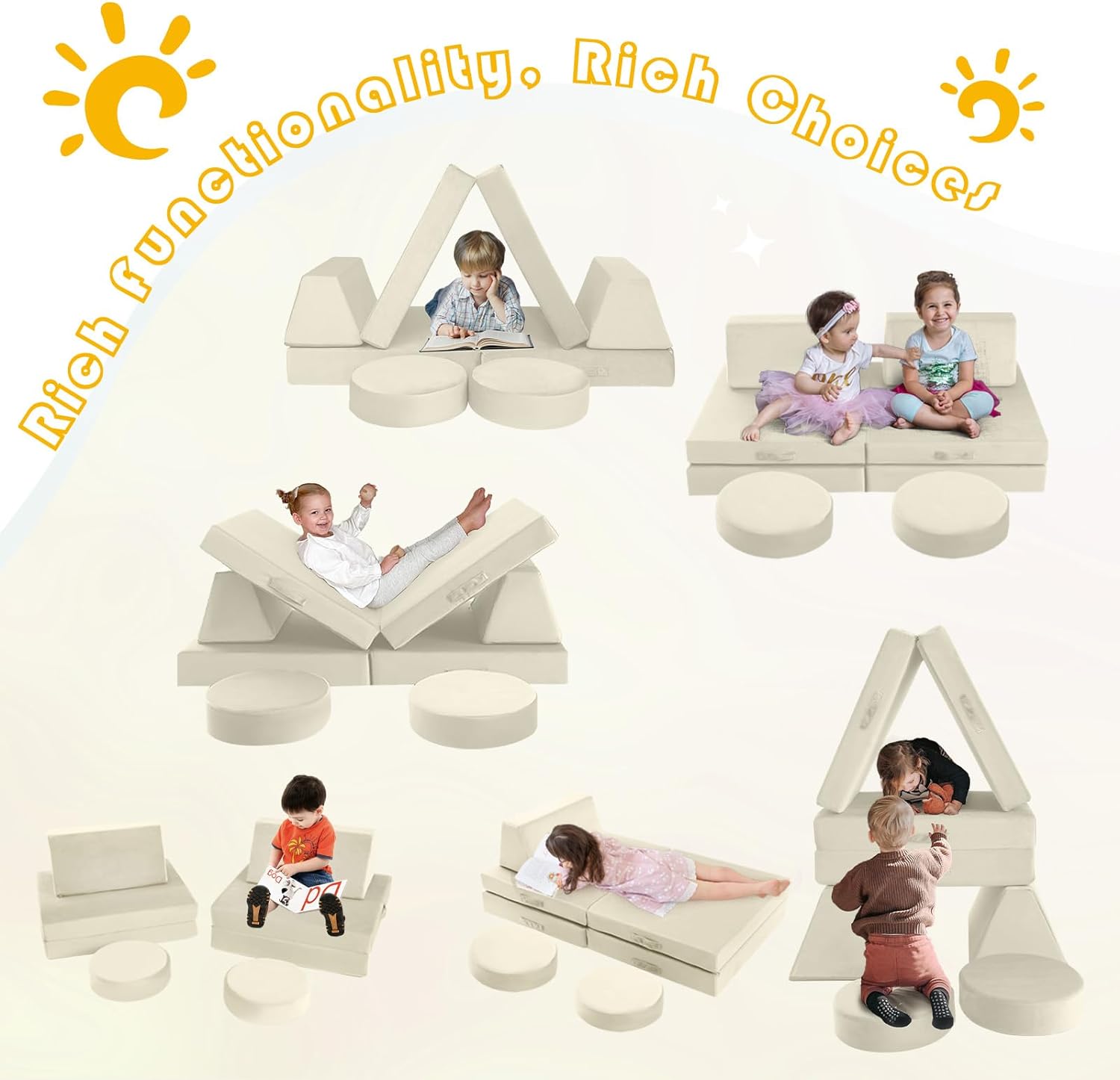 Kids play on different couches built with Glowsofa's Solid Beige 8 pieces kids play couch