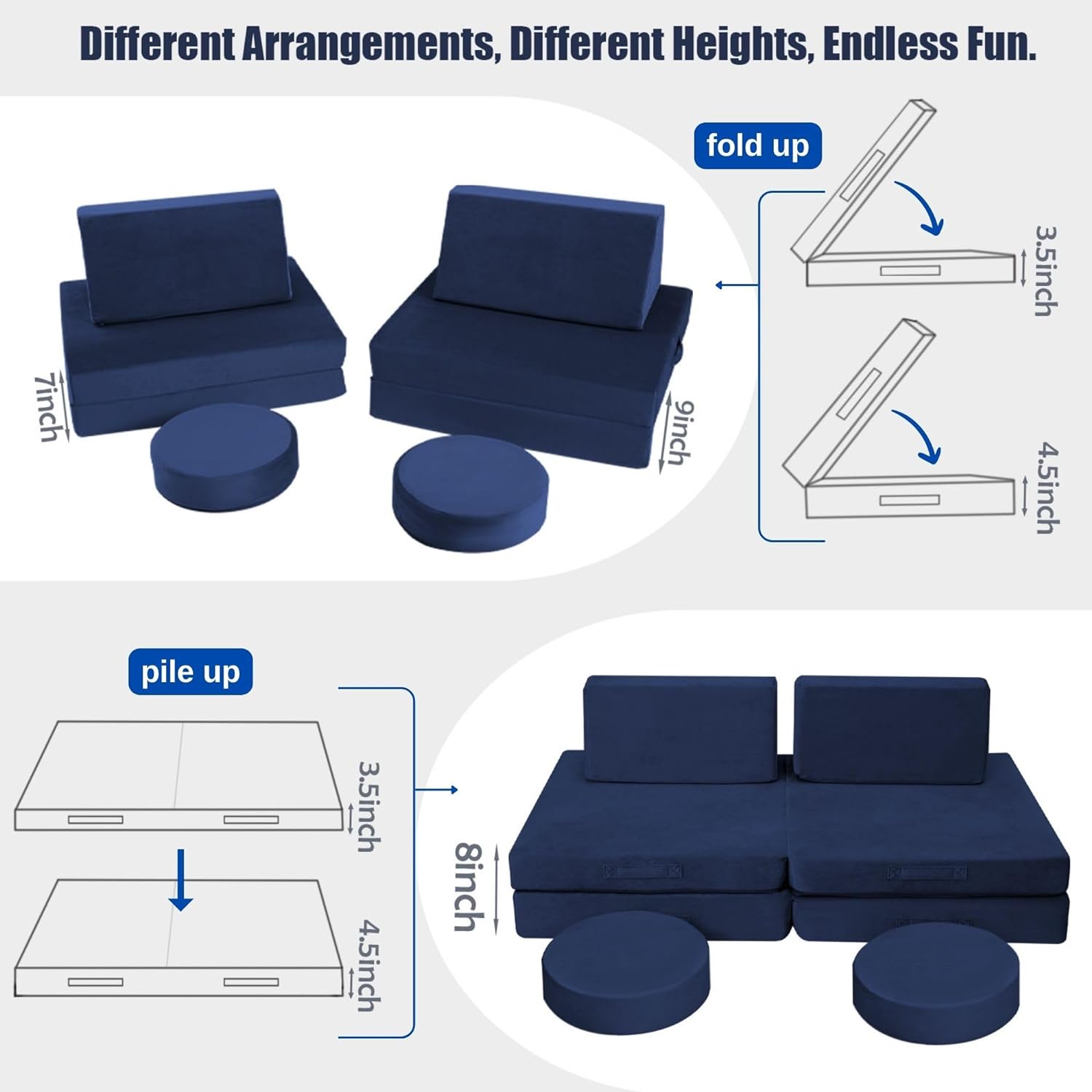 Glowsofa's Solid Navy 8 pieces kids play couch features 8 pieces, four foldable seats, two back cushions, and two round cushions.