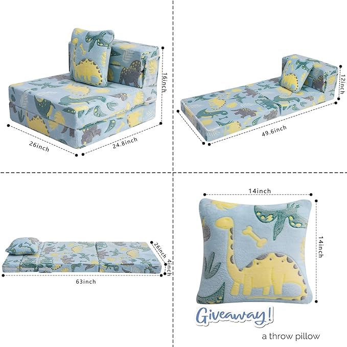 Blue Dinosaur Convertible Kids Foldable Floor Mattress Size:63"D x 26"W x 4"H