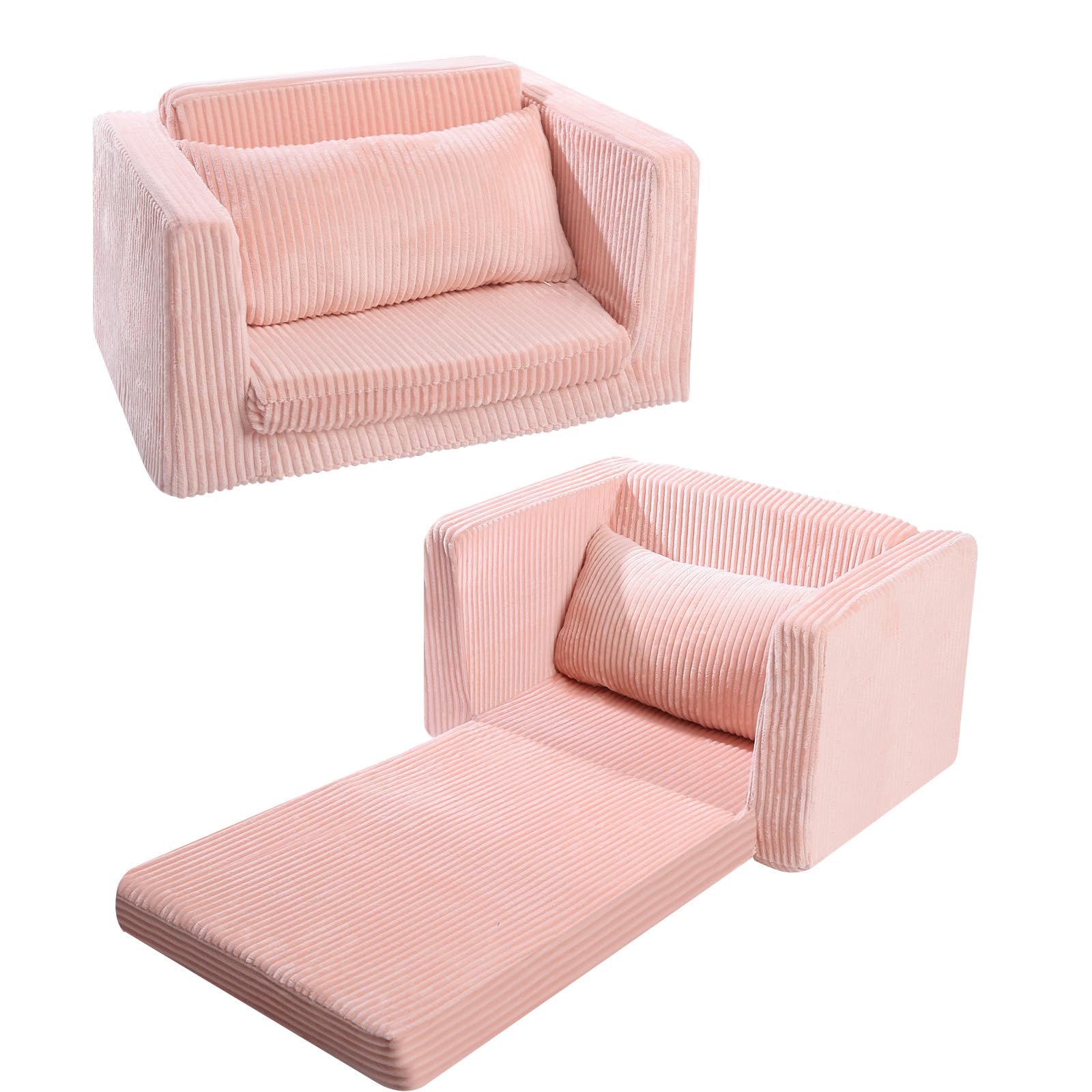 Glowsofa's Pink Children's Fold Out Sofa Folded and Unfolded Status