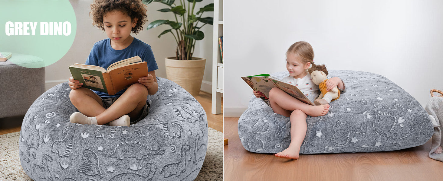 Two scenarios of Comax's Bean Bag Chair for kids: boy sitting on beanbag chair reading a book and girl sitting on floor bean bag bed reading a book.