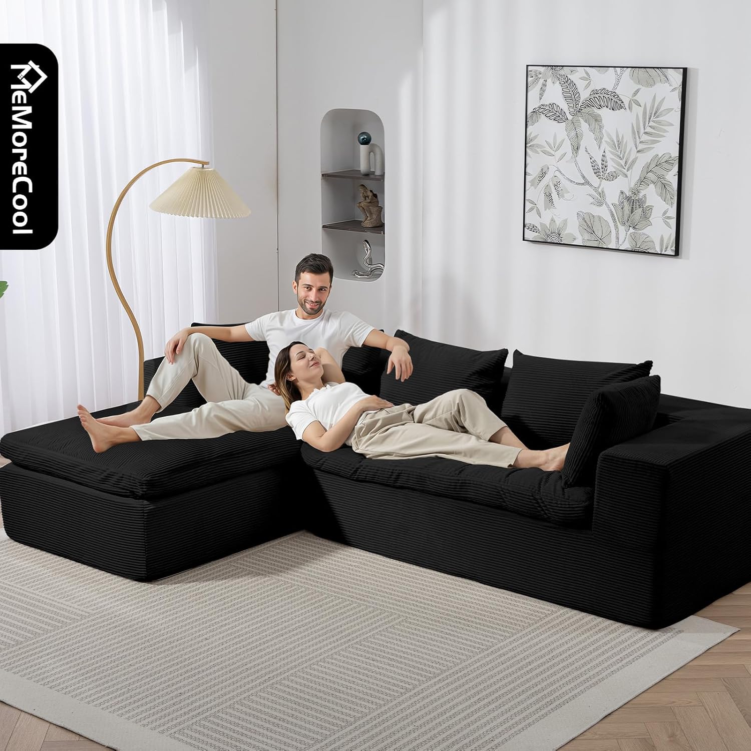 MeMoreCool Black Sectional Couches for Living Room, Comfy Boneless Couch, Cloud Modular Sectional Sofa No Assembly, Modern L Shape Sofa with Chaise, Soft Plush 107 in