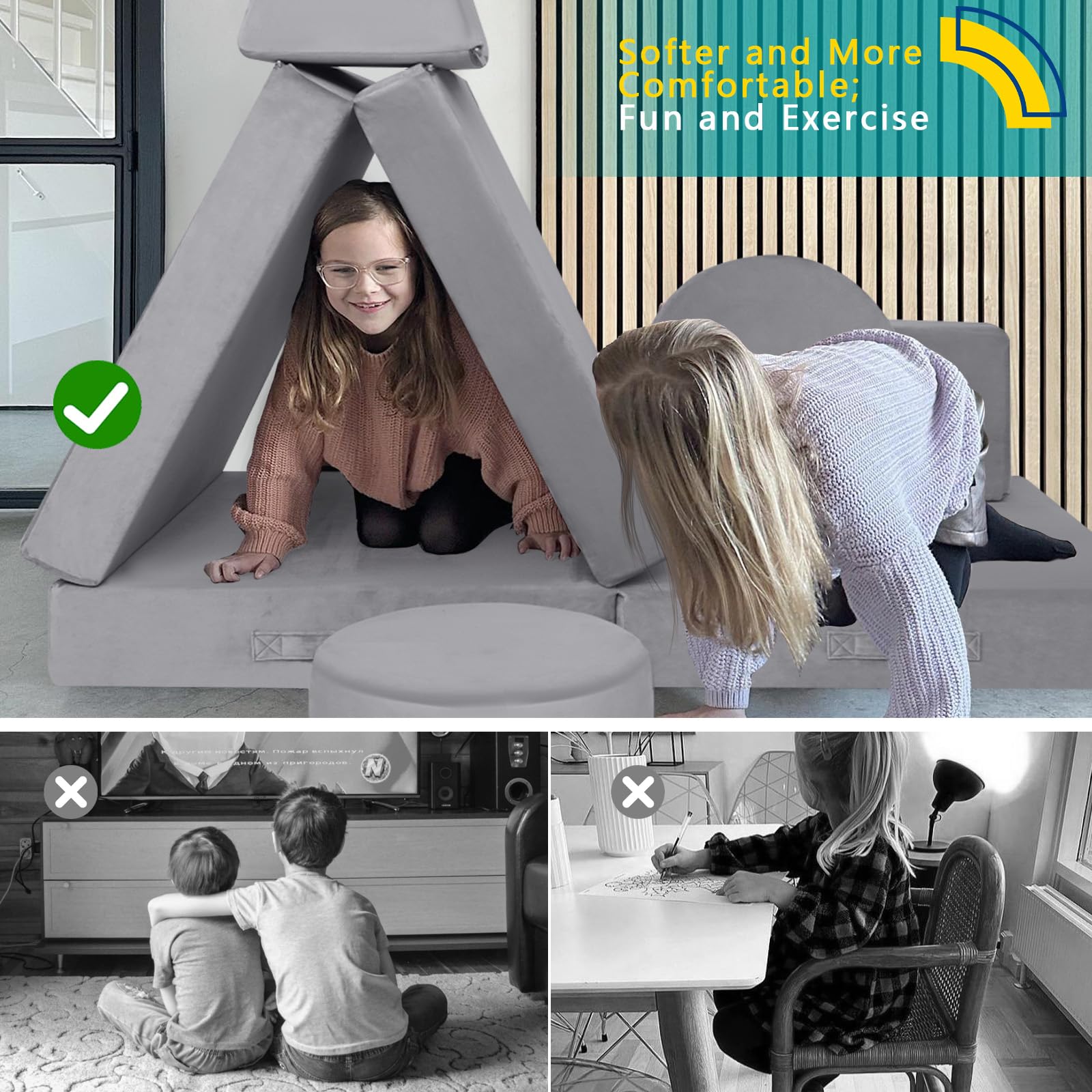 Mini tent made of soft and supportive Glowsofa's Solid Grey 8 pieces kids play couch