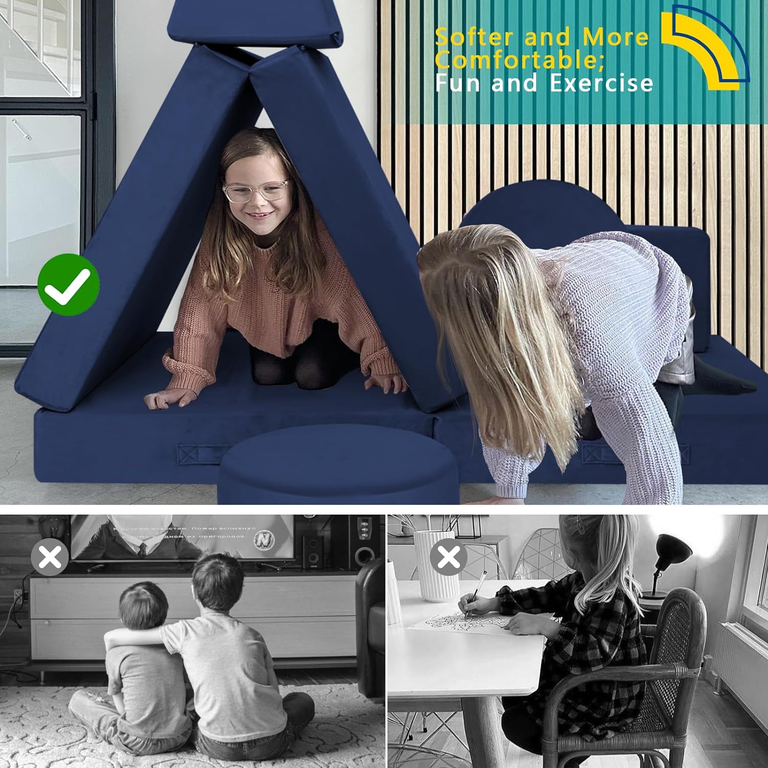 Mini tent made of soft and supportive Glowsofa's Solid Navy 8 pieces kids play couch