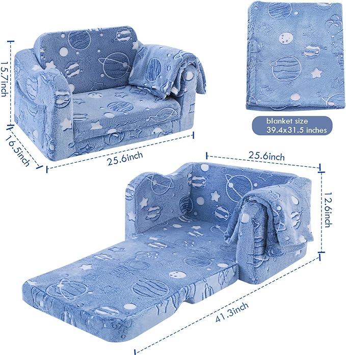 Fold Out Kids Couch, Flip Out Kids Sofa Chair with Blanket | GlowSofa