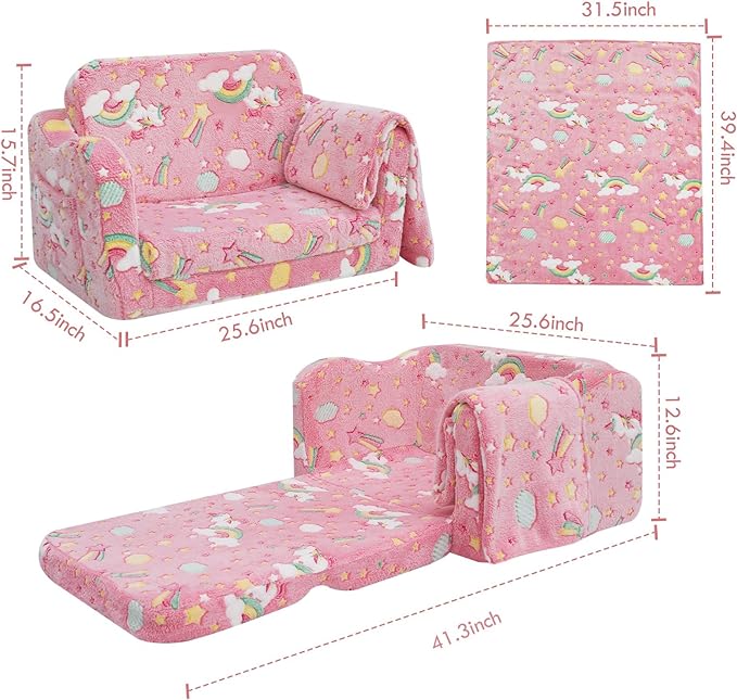 Fold Out Kids Couch, Flip Out Kids Sofa Chair with Blanket | GlowSofa
