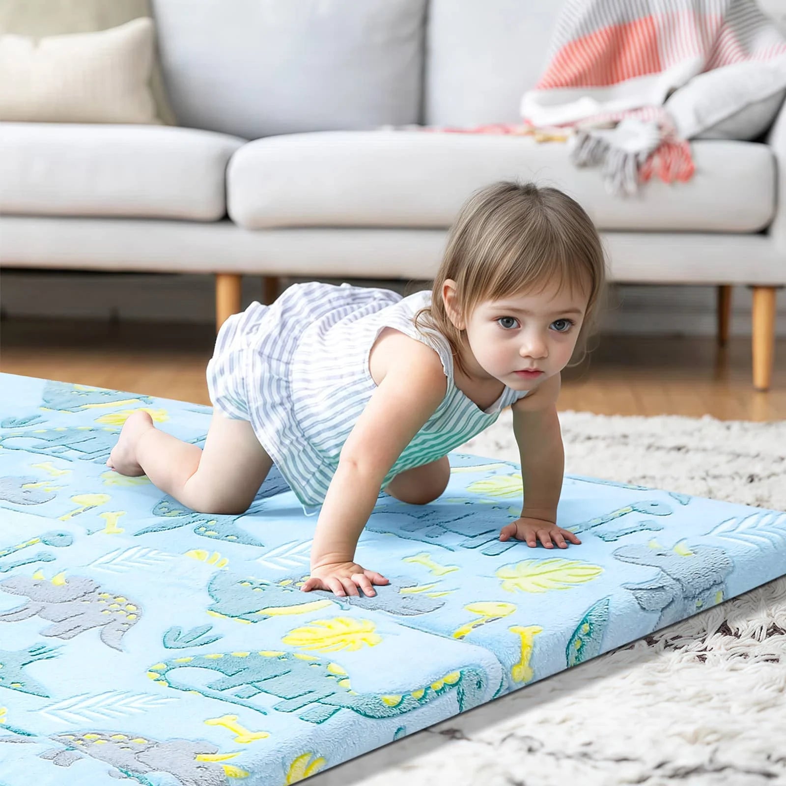 Blue Dinosaur Glow Foam Baby Play Mat Details