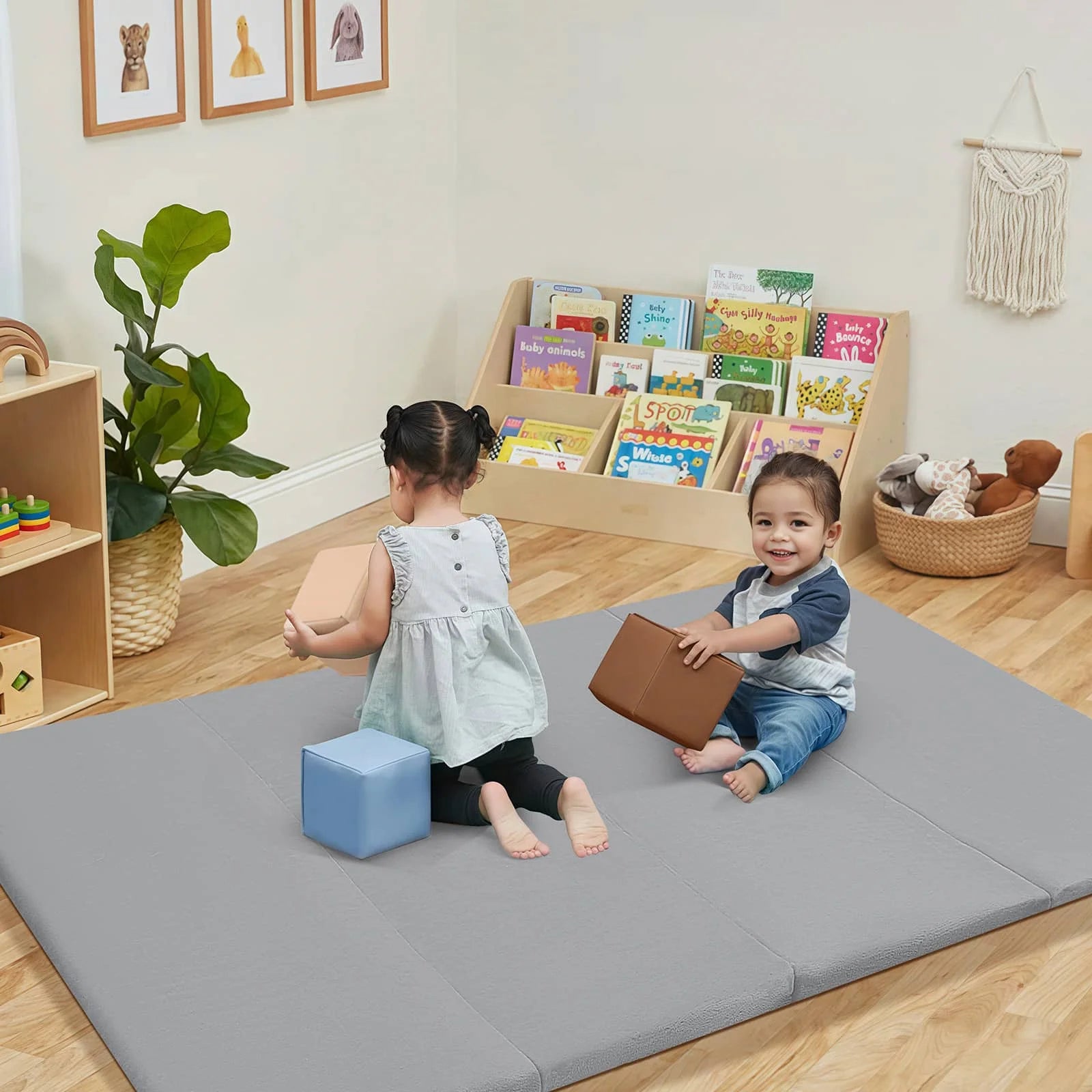 Two Girls Playing on Grey Glow Foam Baby Play Mat