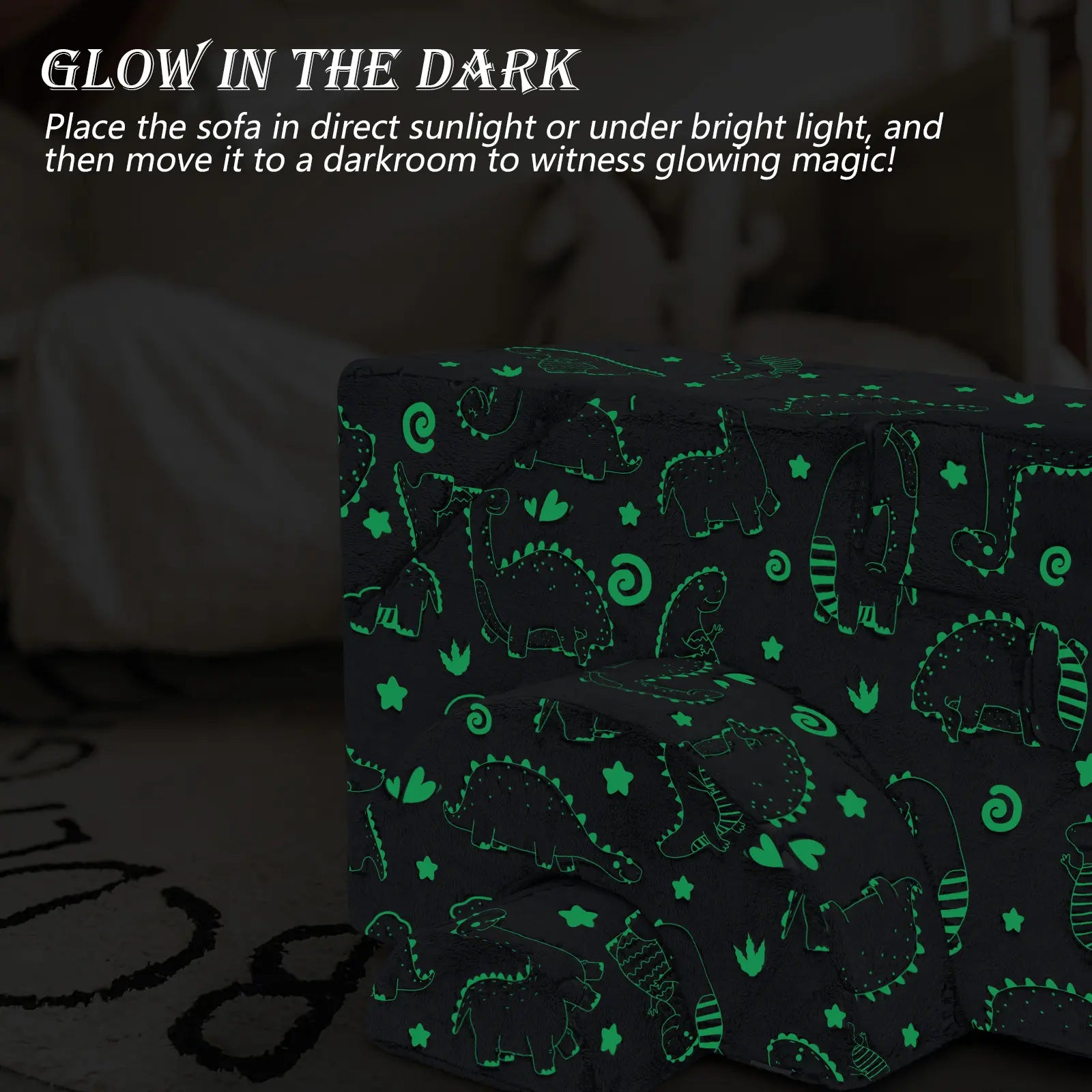 Glowsofa's Glowing Dinosaur Climbing Kids Play Couch glow in the dark effect