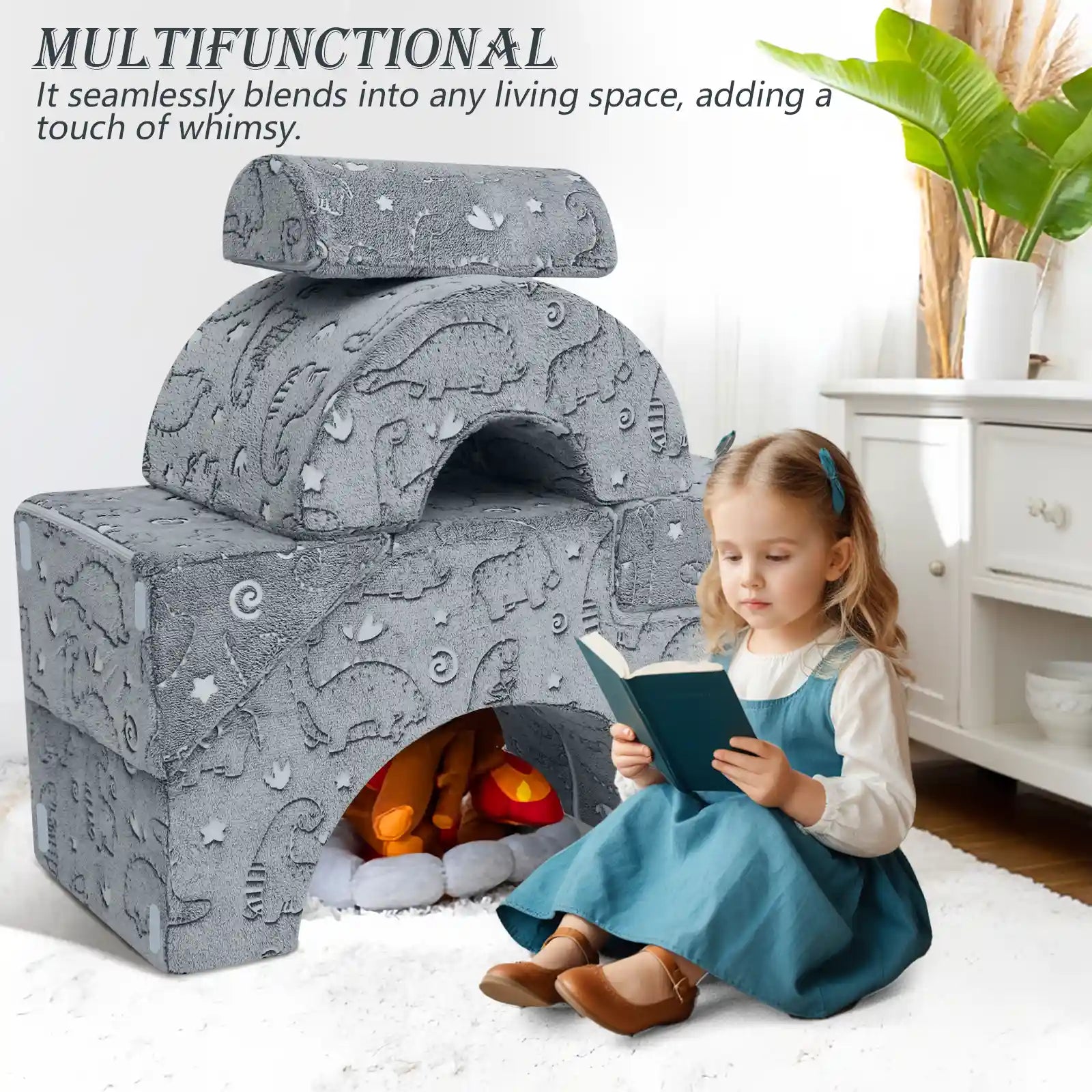 Girls read by an arch tunnel made up of Glowsofa's Glowing Dinosaur Climbing Kids Play Couch