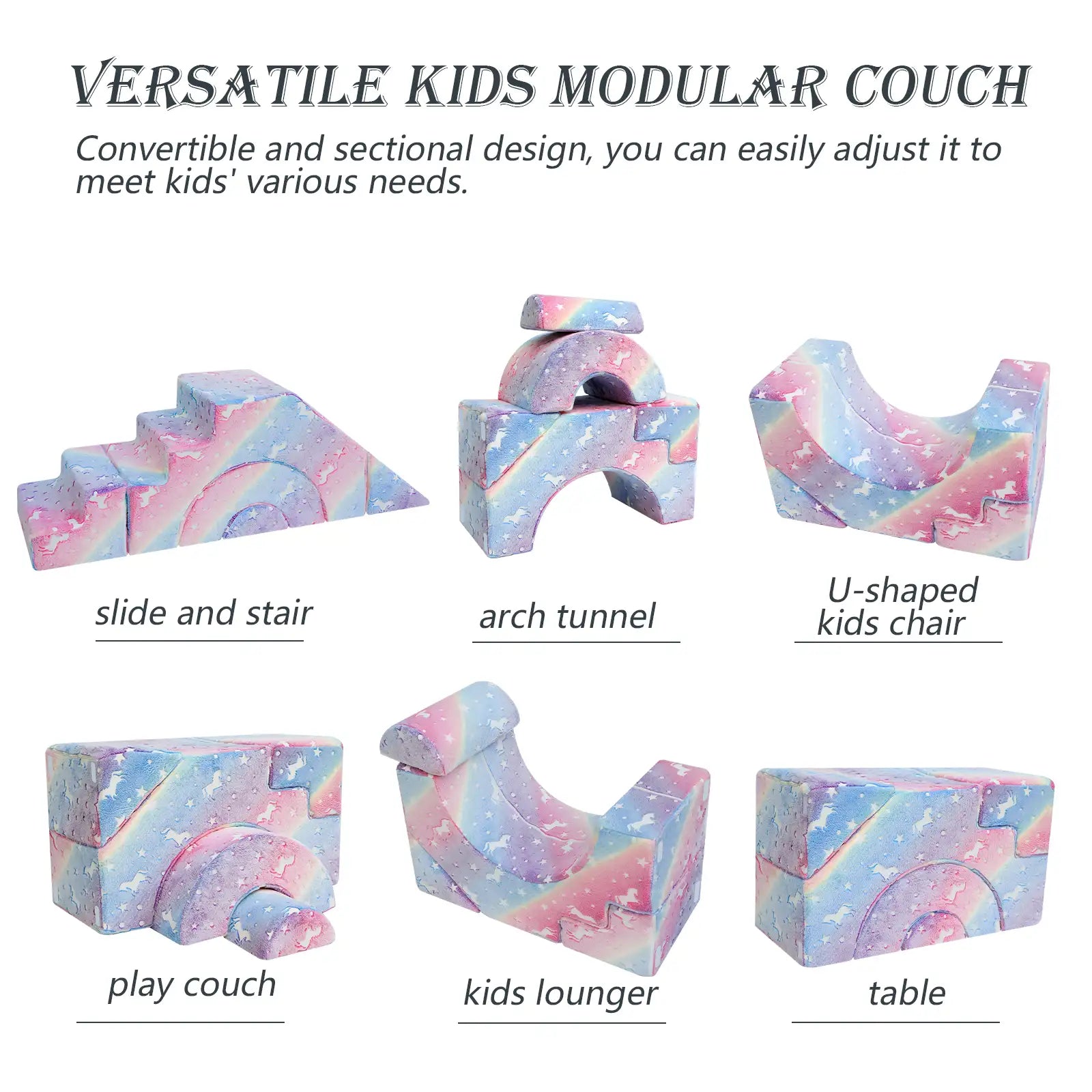 Glowsofa's Glowing Rainbow Climbing Kids Play Couch can build these shapes including slide and stair, arch tunnel, U-shaped kids chair, play couch, kids lounger, table