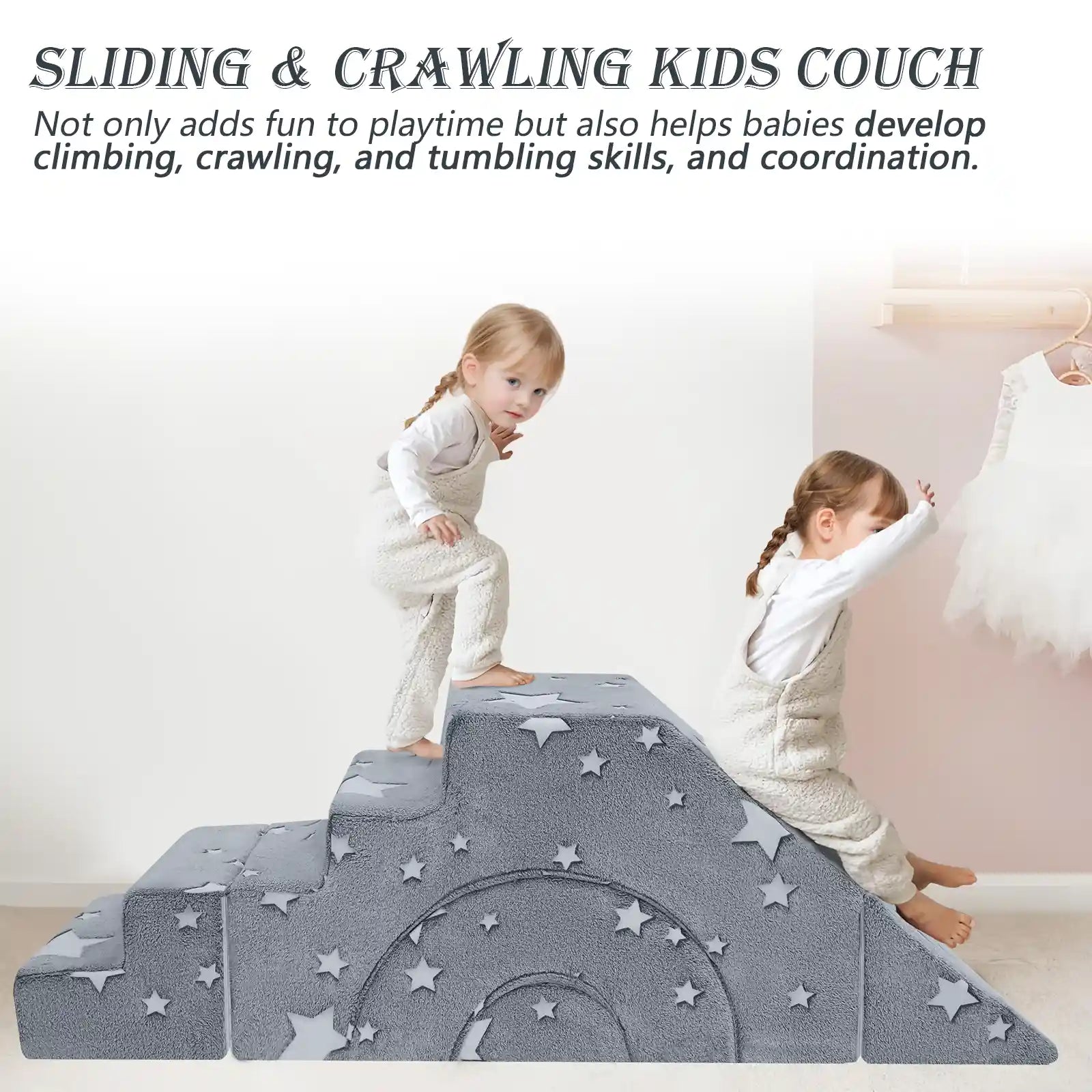 Glowsofa's Glowing Star Climbing Kids Play Couch not only adds fun to playtime but also helps babies develop climbing, crawling, and tumbling skills, and coordination.