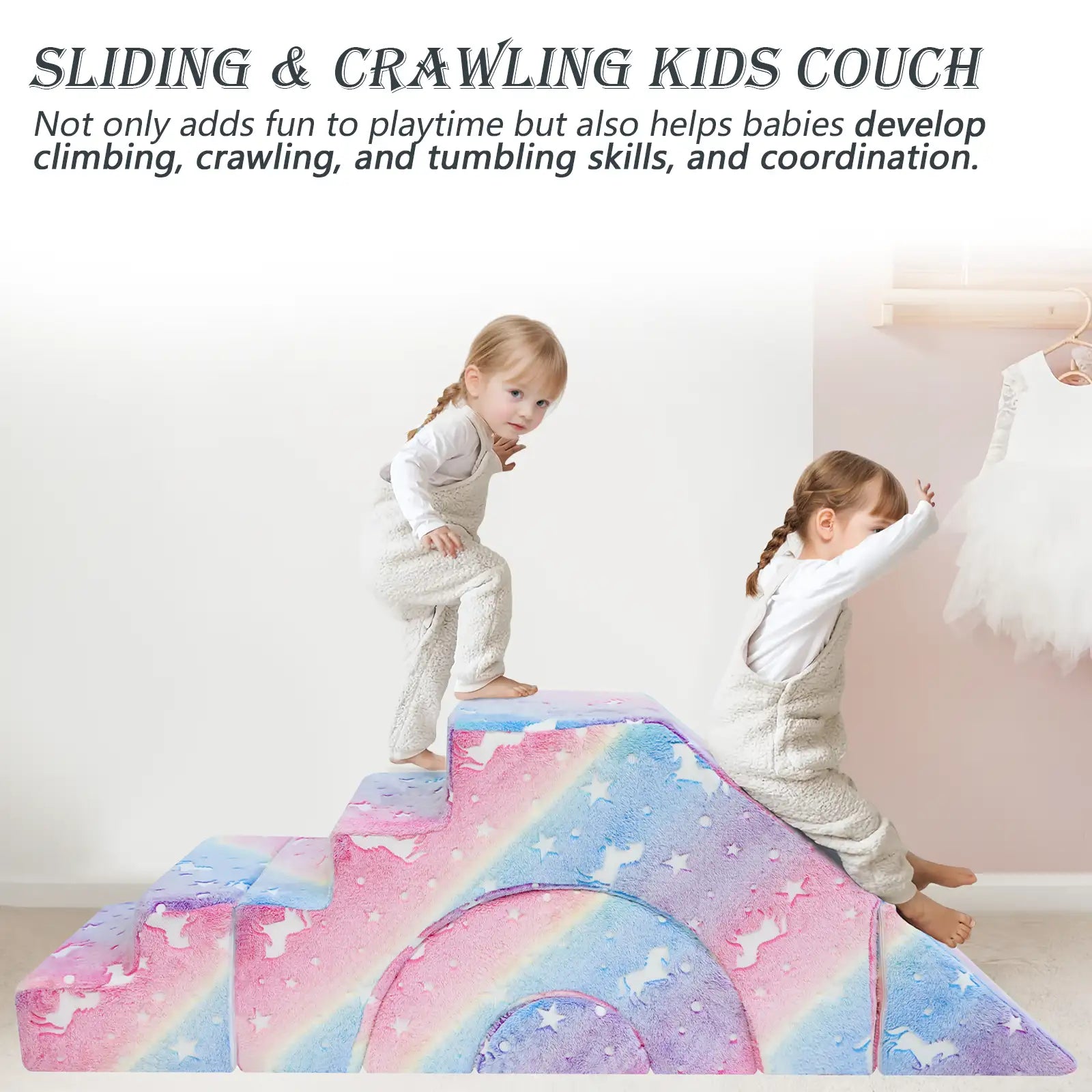 Glowsofa's Glowing Rainbow Climbing Kids Play Couch not only adds fun to playtime but also helps babies develop climbing, crawling, and tumbling skills, and coordination.