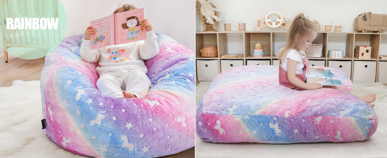 Two scenarios of Comax's Bean Bag Chair for kids: girl sitting on beanbag chair and girl sitting on floor bean bag bed.