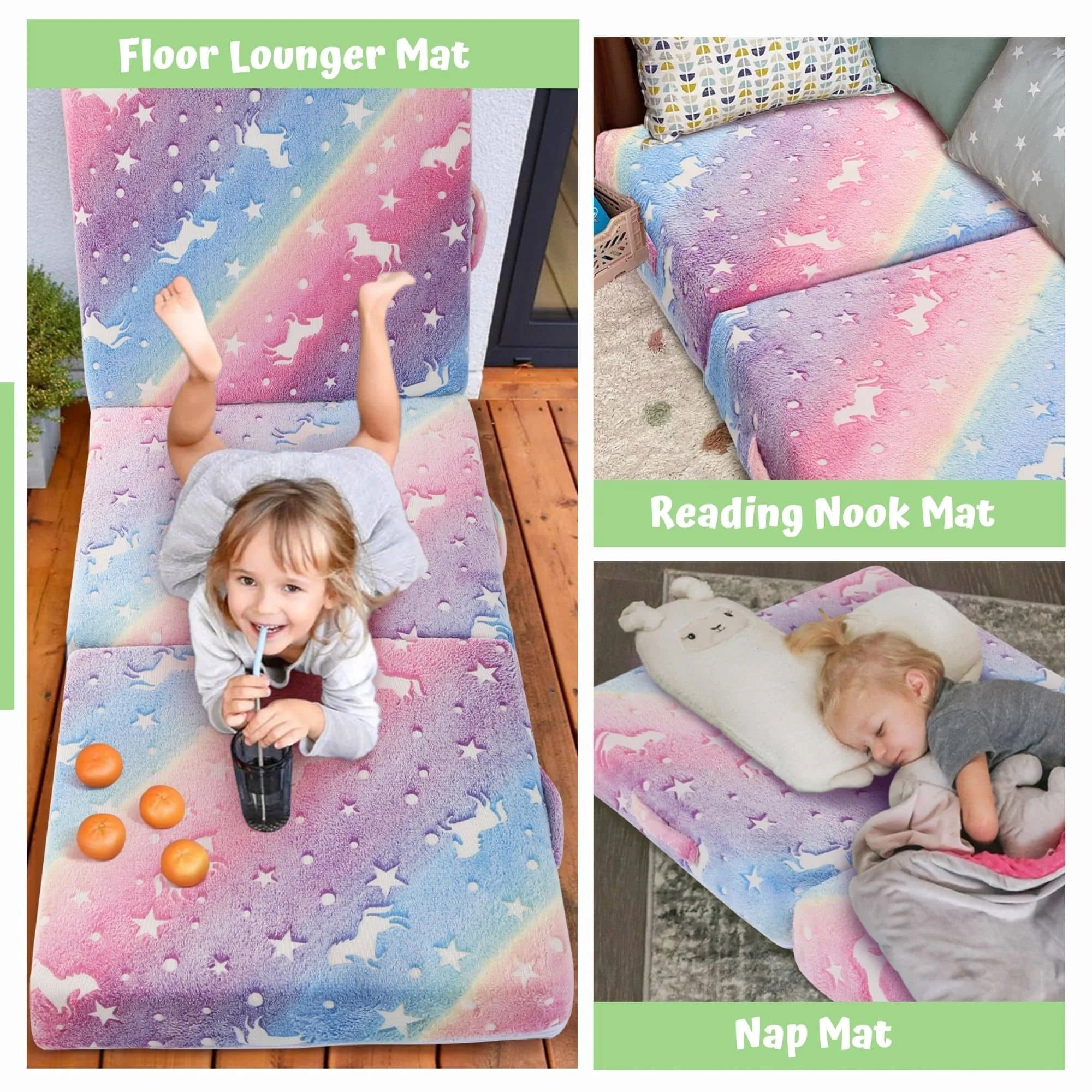 Folding Floor Mattress For Kids-Colorful Unicorn can be converted into floor lounger mat, reading nook mat, nap mat, and other matting materials.