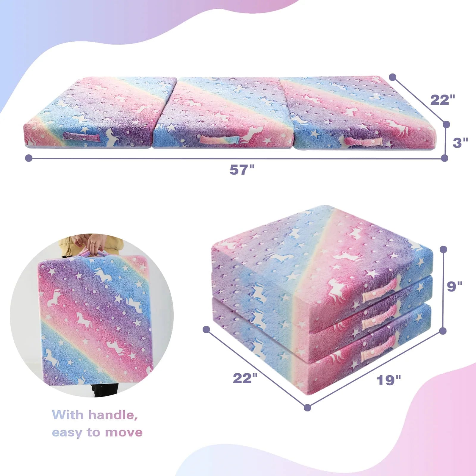 The Folding Floor Mattress For Kids-Colorful Unicorn measures 57 “L x 22 ‘W x 3 ’Th.