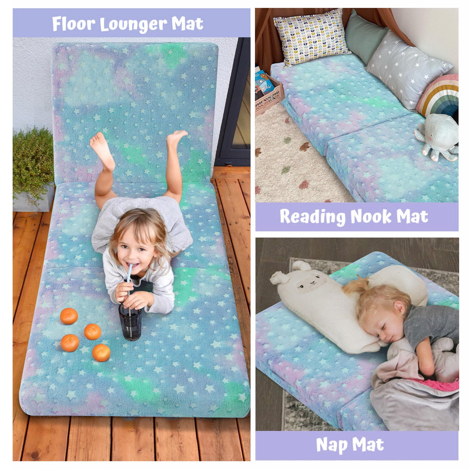 Folding Floor Mattress For Kids-Colorful Star can be converted into floor lounger mat, reading nook mat, nap mat, and other matting materials.