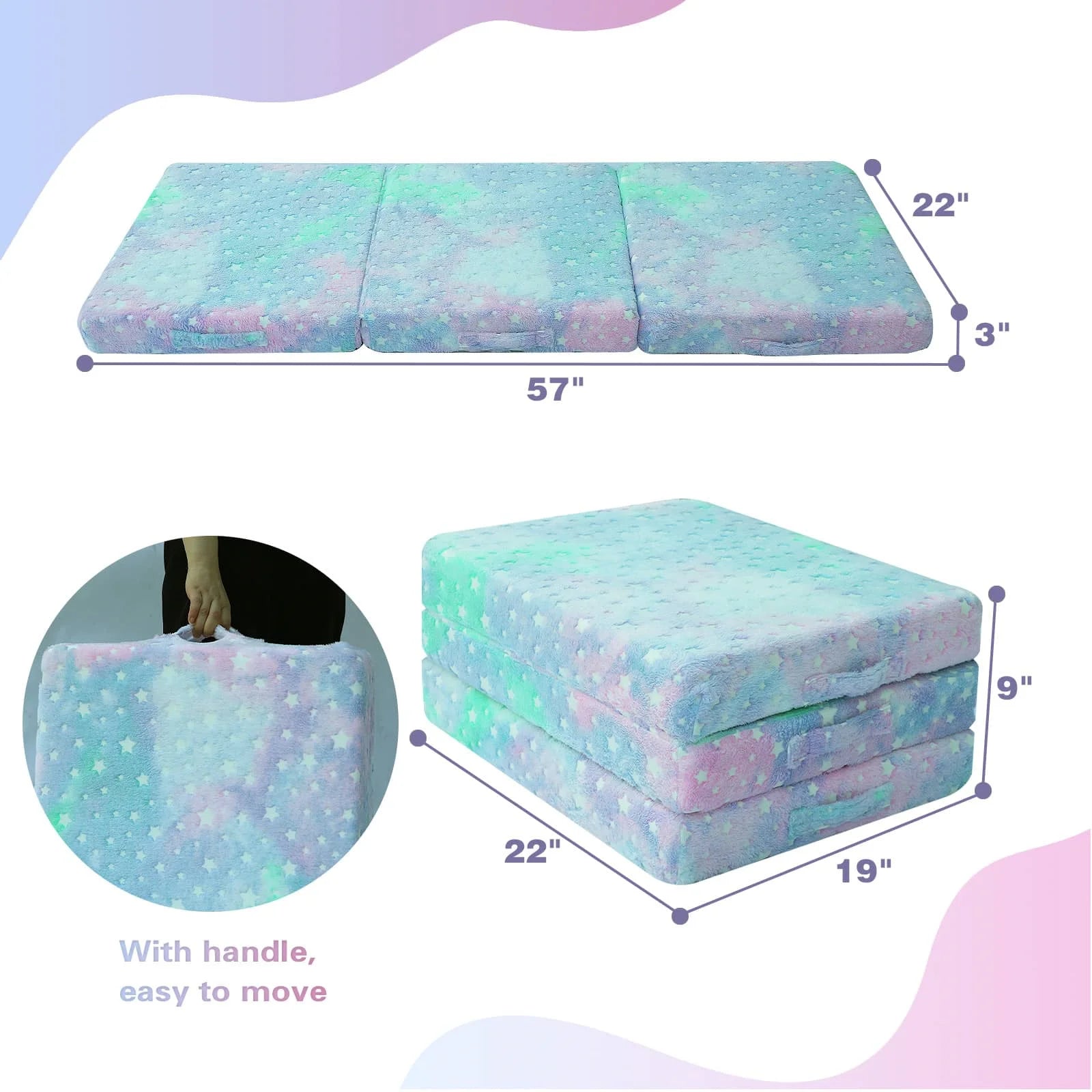 The Folding Floor Mattress For Kids-Colorful Star measures 57 “L x 22 ‘W x 3 ’Th.