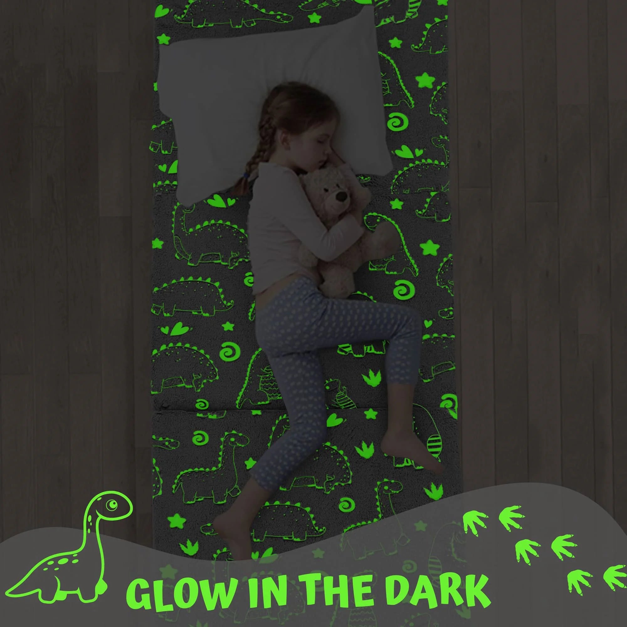 Folding Floor Mattress For Kids glow-Grey Dinosaur in the dark