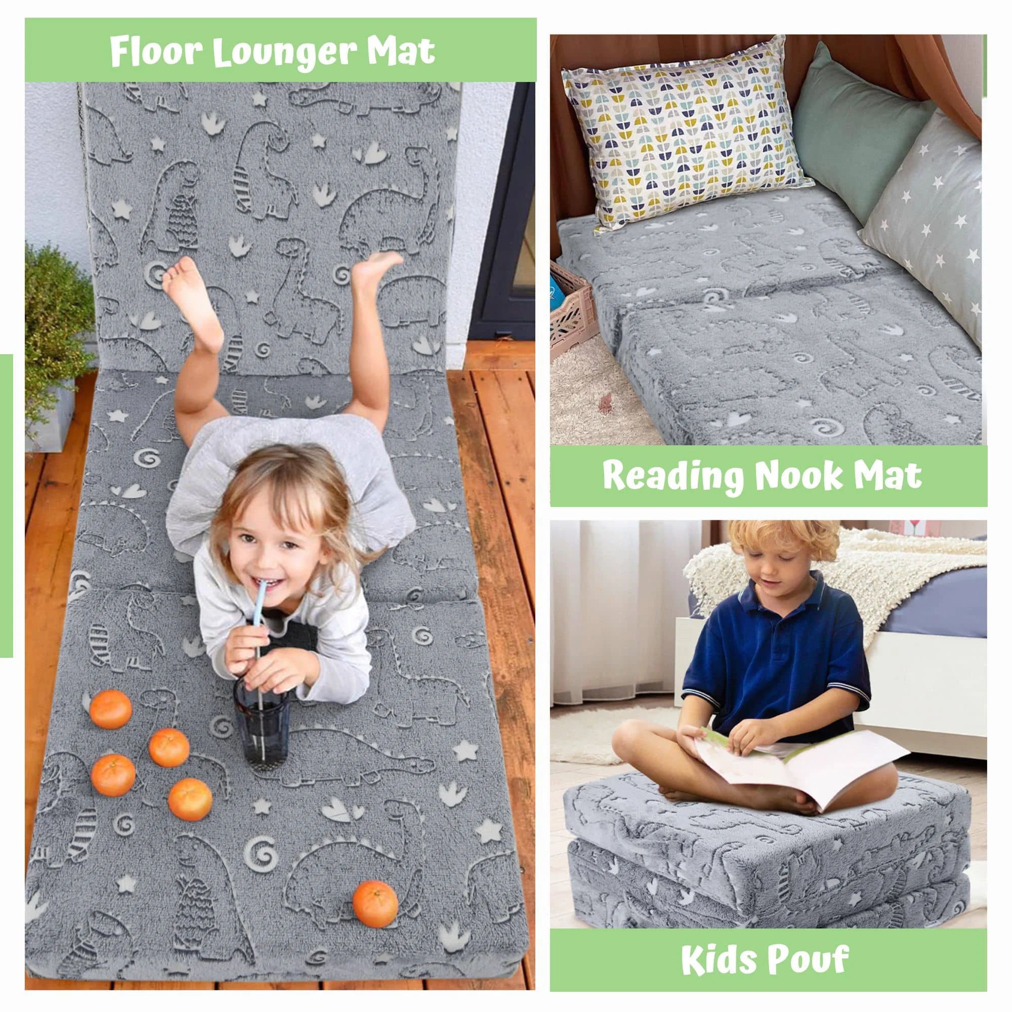Folding Floor Mattress For Kids-Grey Dinosaur can be converted into floor lounger mat, reading nook mat, nap mat, and other matting materials.