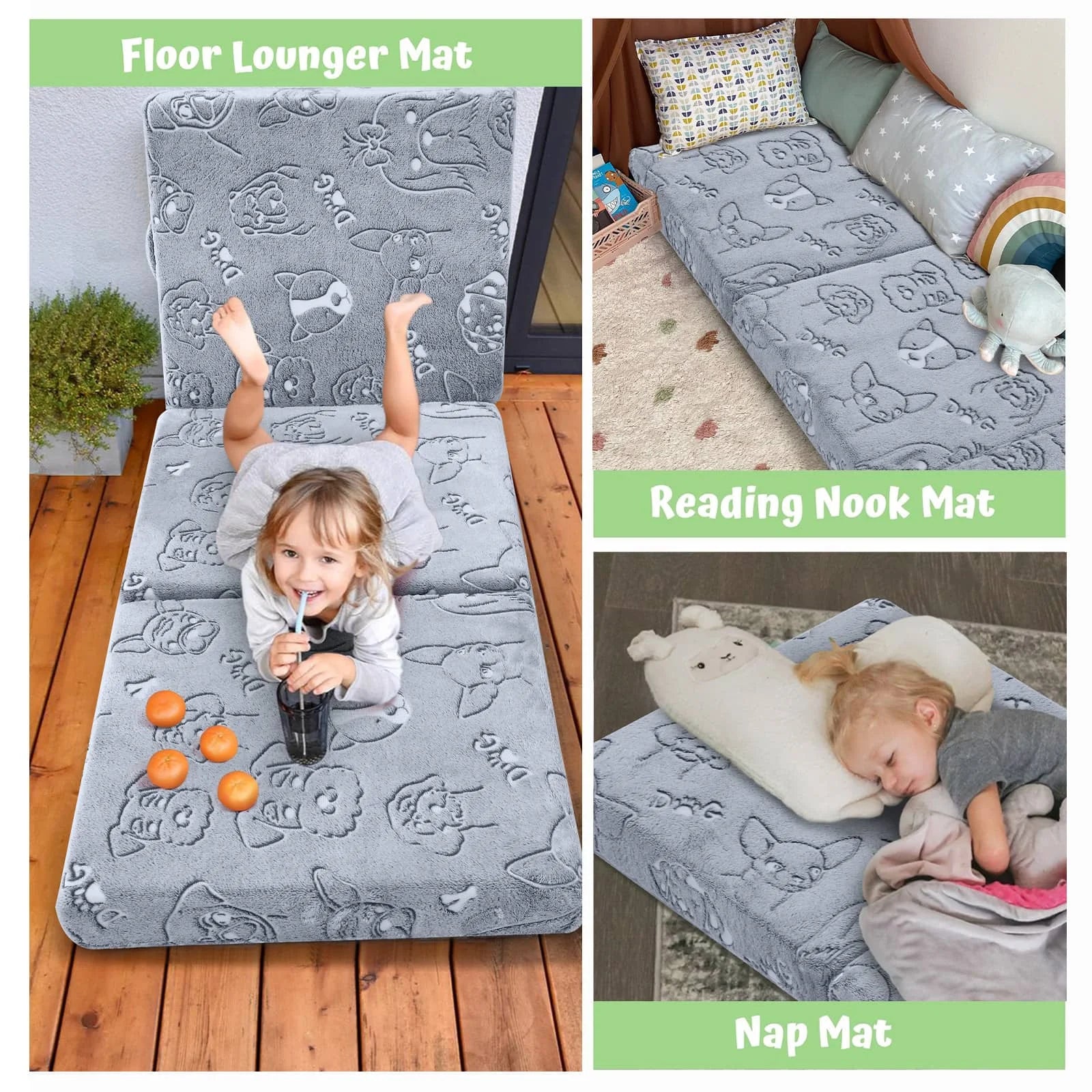 Folding Floor Mattress For Kids-Grey Dog can be converted into floor lounger mat, reading nook mat, nap mat, and other matting materials.