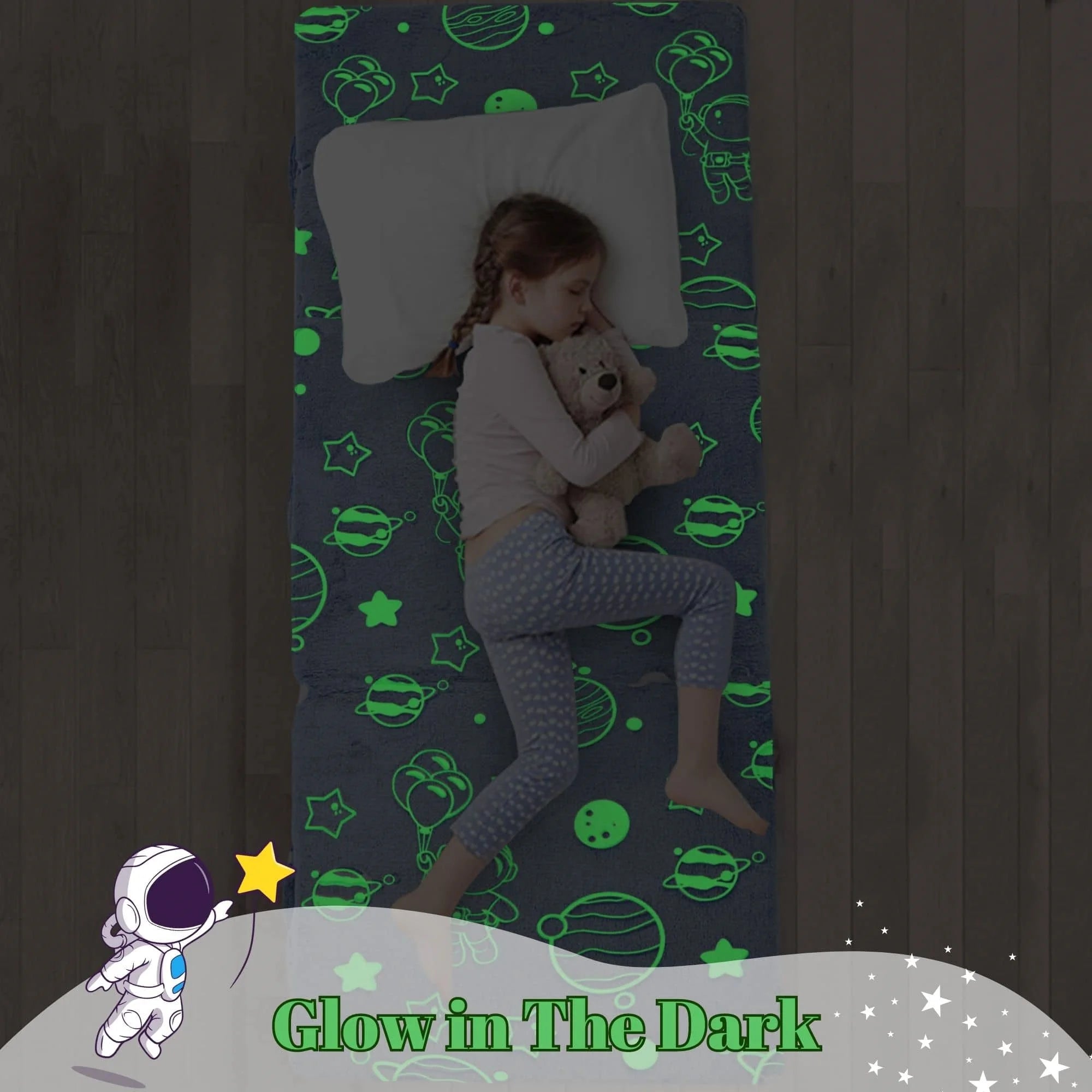 Folding Floor Mattress For Kids glow-Blue Astronaut in the dark