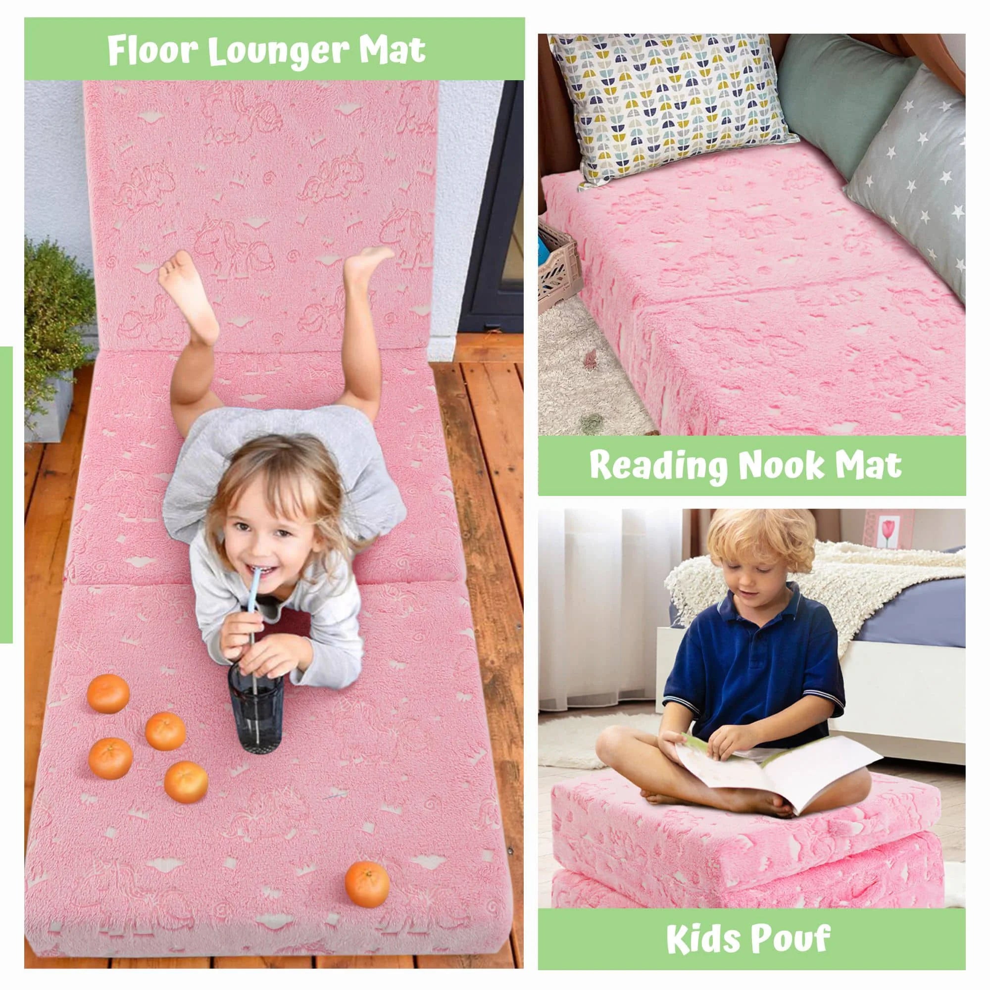 Folding Floor Mattress For Kids-Pink Unicorn can be converted into floor lounger mat, reading nook mat, nap mat, and other matting materials.