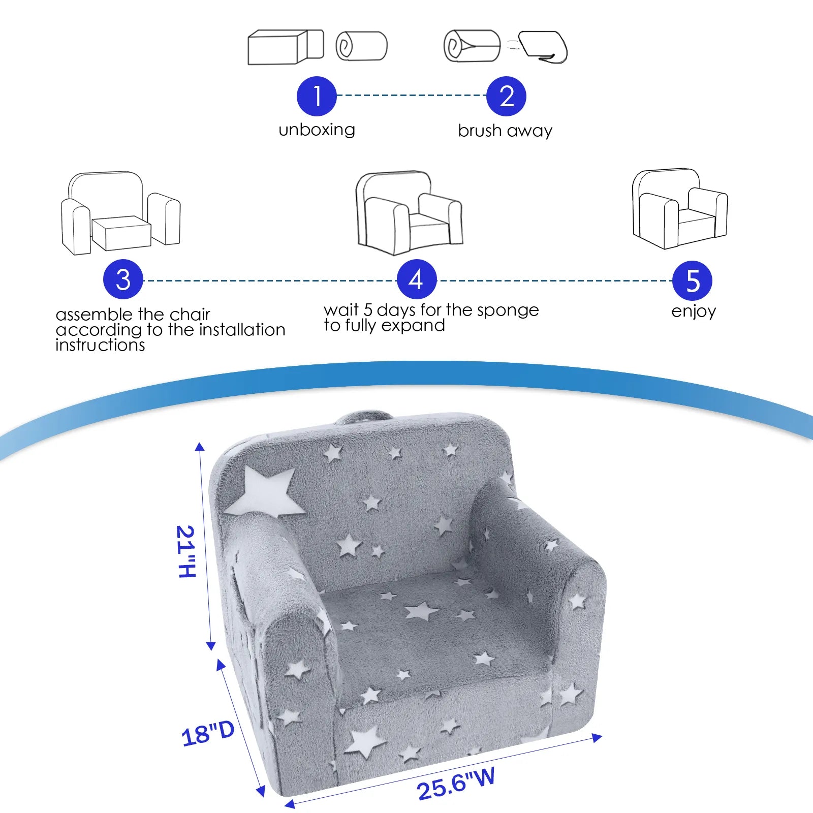 Please wait 5 days after opening the package for Glowsofa's Glowing Star kids armchair to regain its original shape and thickness.