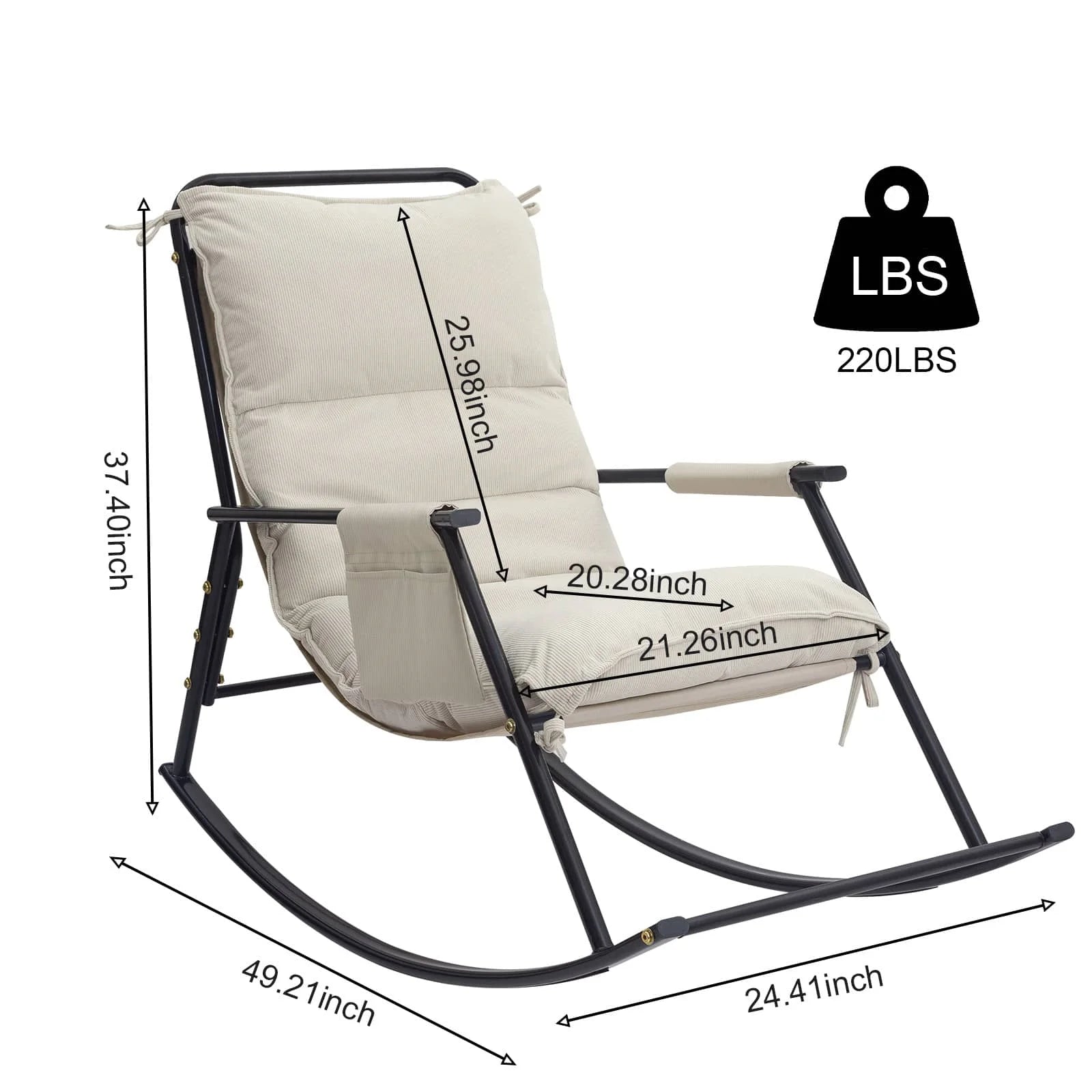 The COAMX Rocking Chair-beige measures 37.40"H x 25.98"W x 24.41"D and can support a maximum weight of 220 lbs.