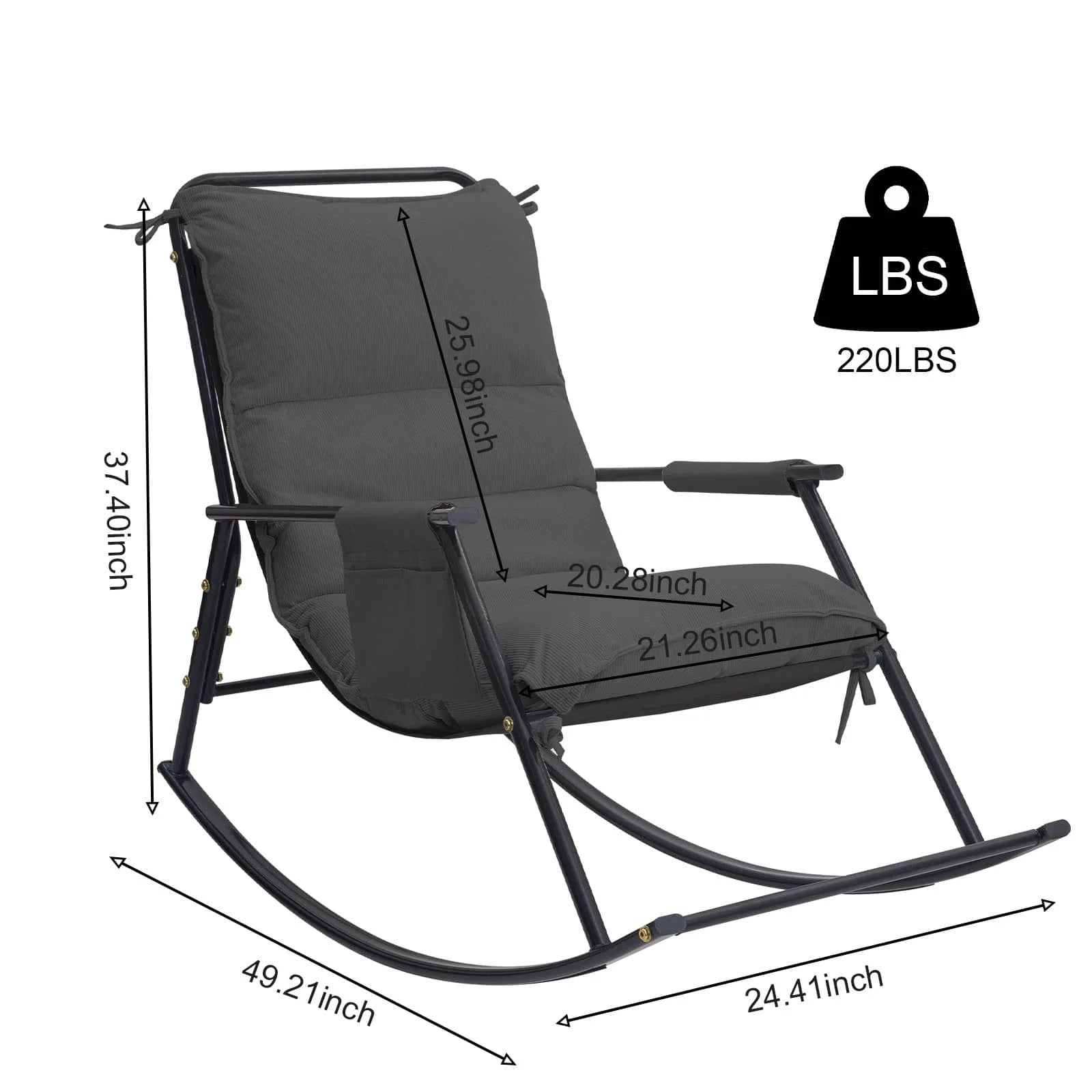 The COAMX Rocking Chair measures 37.40"H x 25.98"W x 24.41"D and can support a maximum weight of 220 lbs.