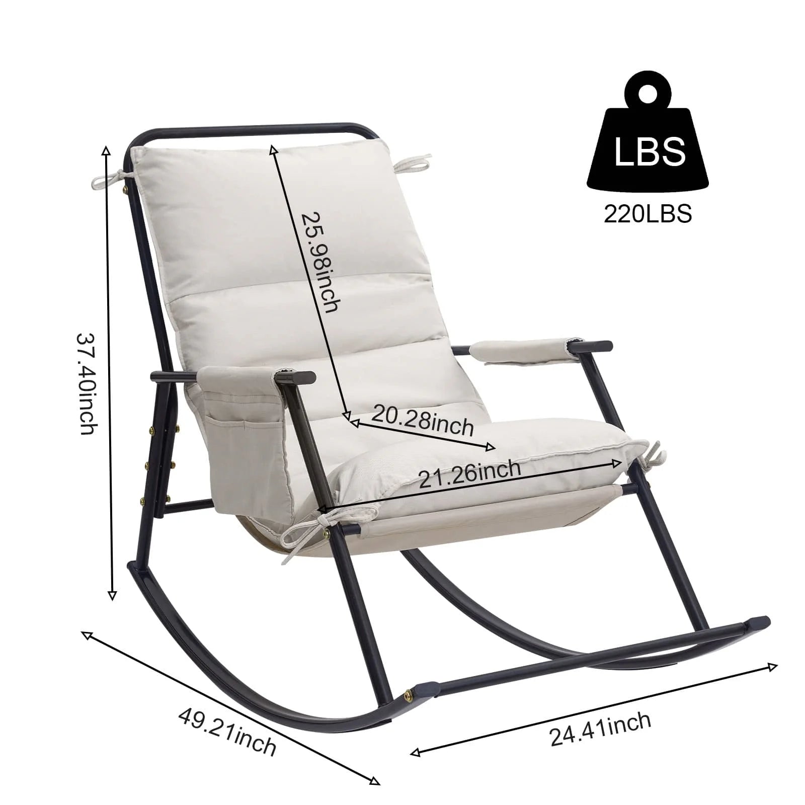 The COMAX Beige Rocking Chair Cotton-linen fabric measures 37.40"H x 25.98"W x 24.41"D and can support a maximum weight of 220 lbs.