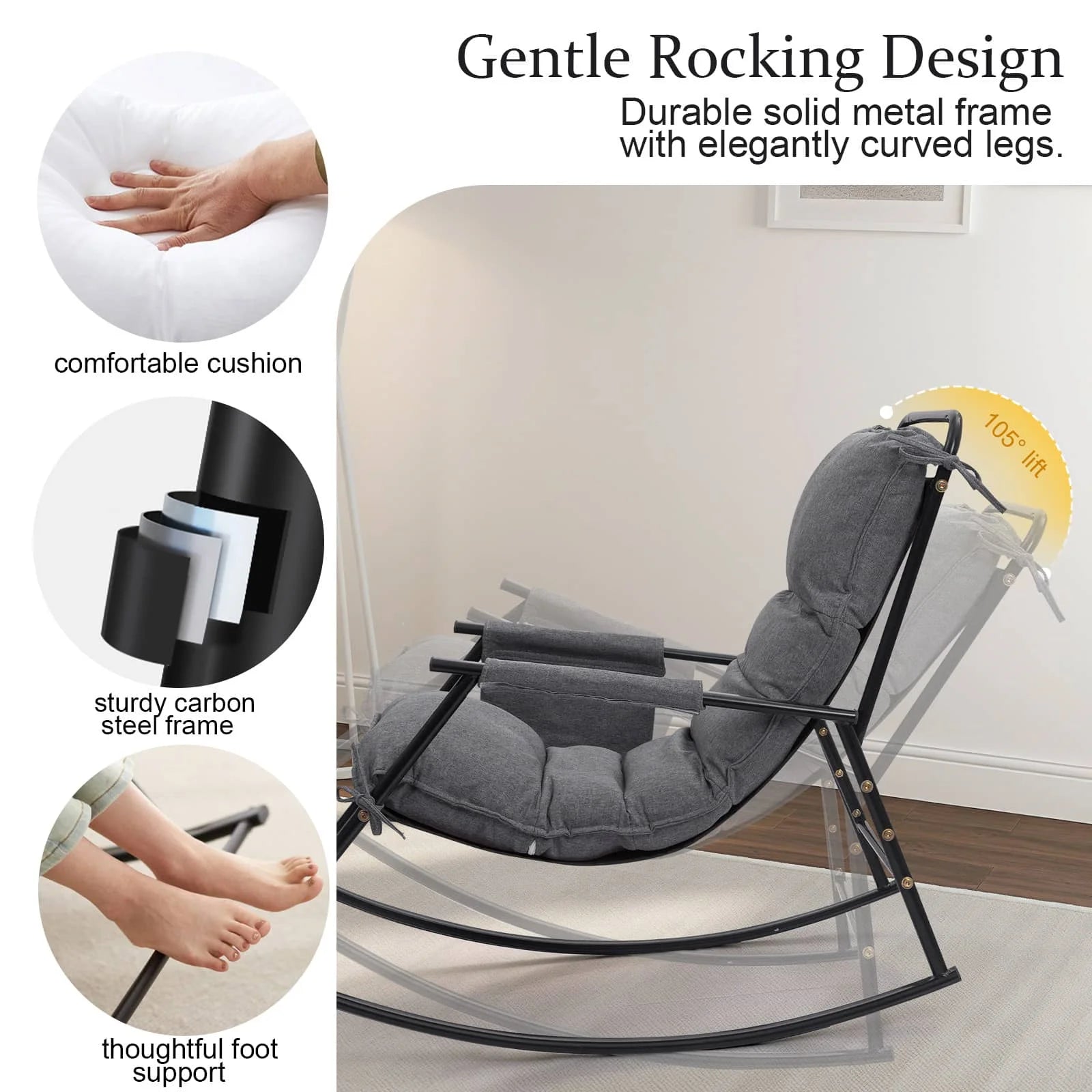 COMAX Rocking Chair Cotton-linen fabric boasts a robust solid metal frame w/curved legs, a cozy cushion, a durable carbon steel structure, and considerate foot support.