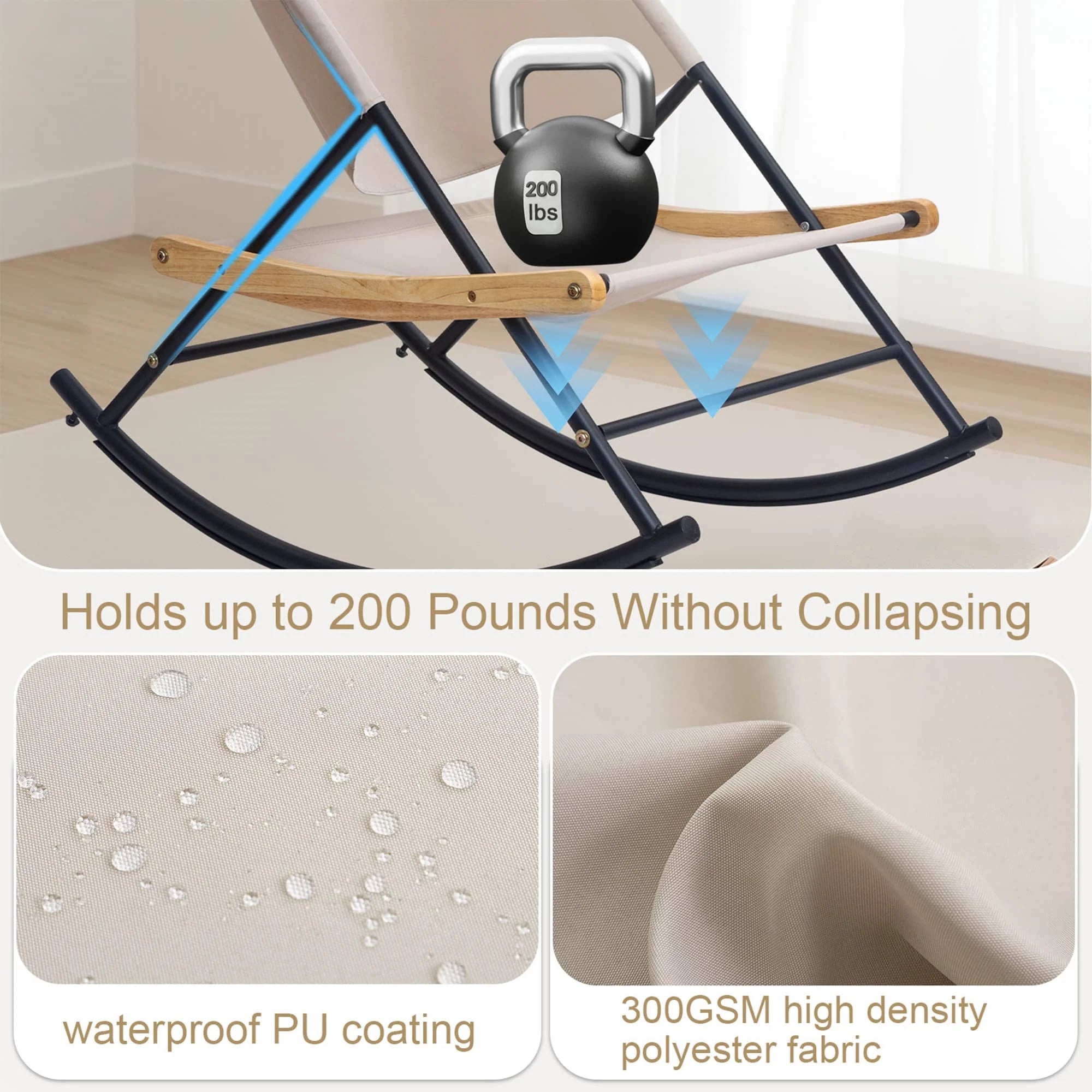 COMAX Outdoor Rocking Chair can firmly support up to 200 pounds and is made of waterproof PU coating and high-density polyester fabric with a density of 300GSM.