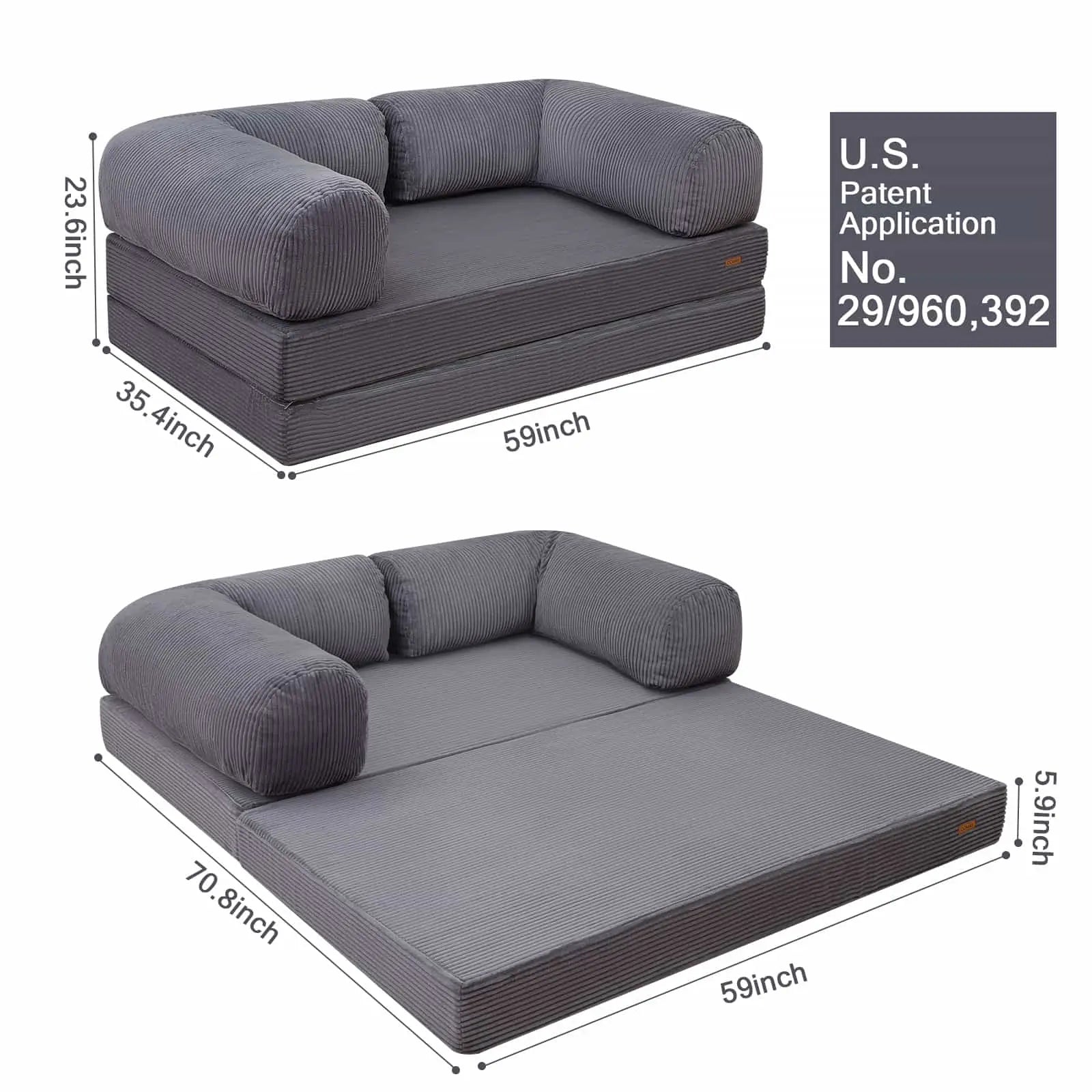 COMAX Folding Sofa Bed with Armrests size:70.87"D x 59.06"W x 6"H