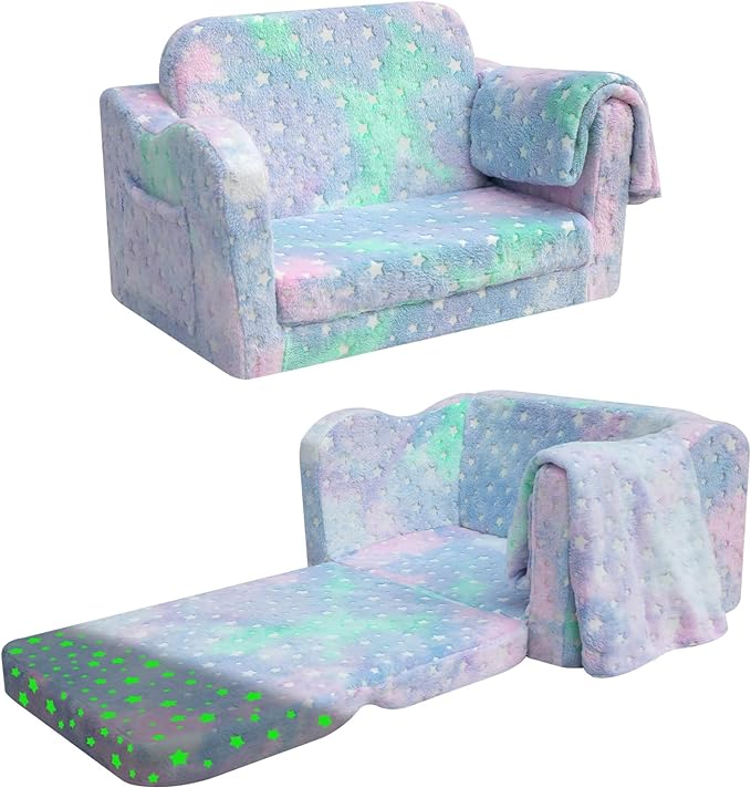 Glowsofa's Colorful Star Children's Fold Out Sofa with Blanket Folded and Unfolded Status