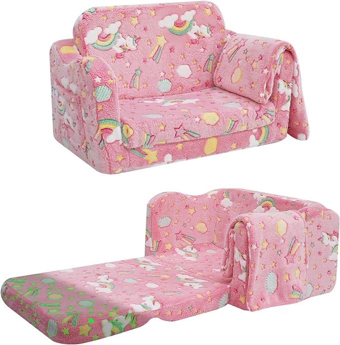 Glowsofa's Colorful Unicorn Children's Fold Out Sofa with Blanket Folded and Unfolded Status