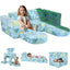 Girl sitting on glowing dinosaur blue fabric kids play couch