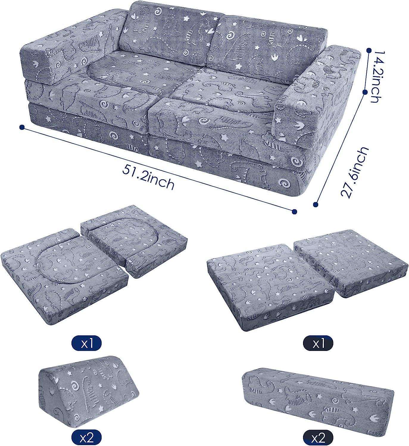 Glowing dinosaur kids play couch measures 27.6 “D x 51.2 ‘W x 14.2 ’H and includes 2 foldable seats, 2 back cushions,2 armrest parts, and 4 cushions.