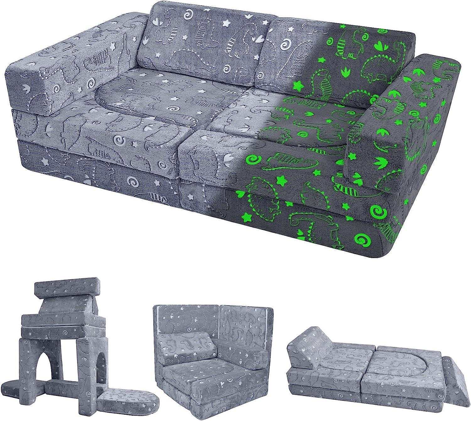 Kids play couch with glowing dinosaur fabric 10 piece set