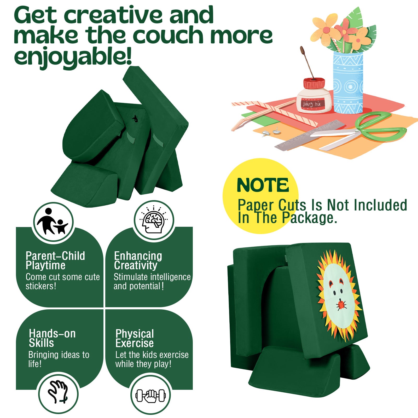 Elephant and lion shapes built with the Solid green kids paly couch.