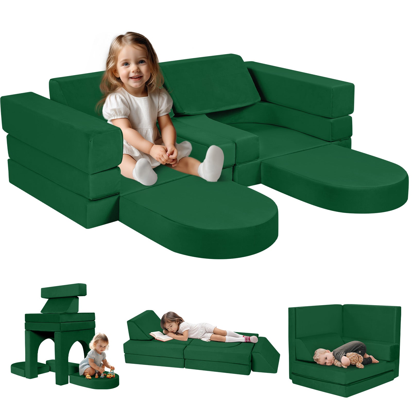 Girl sitting on kids play couch with solid green fabric 10 piece set