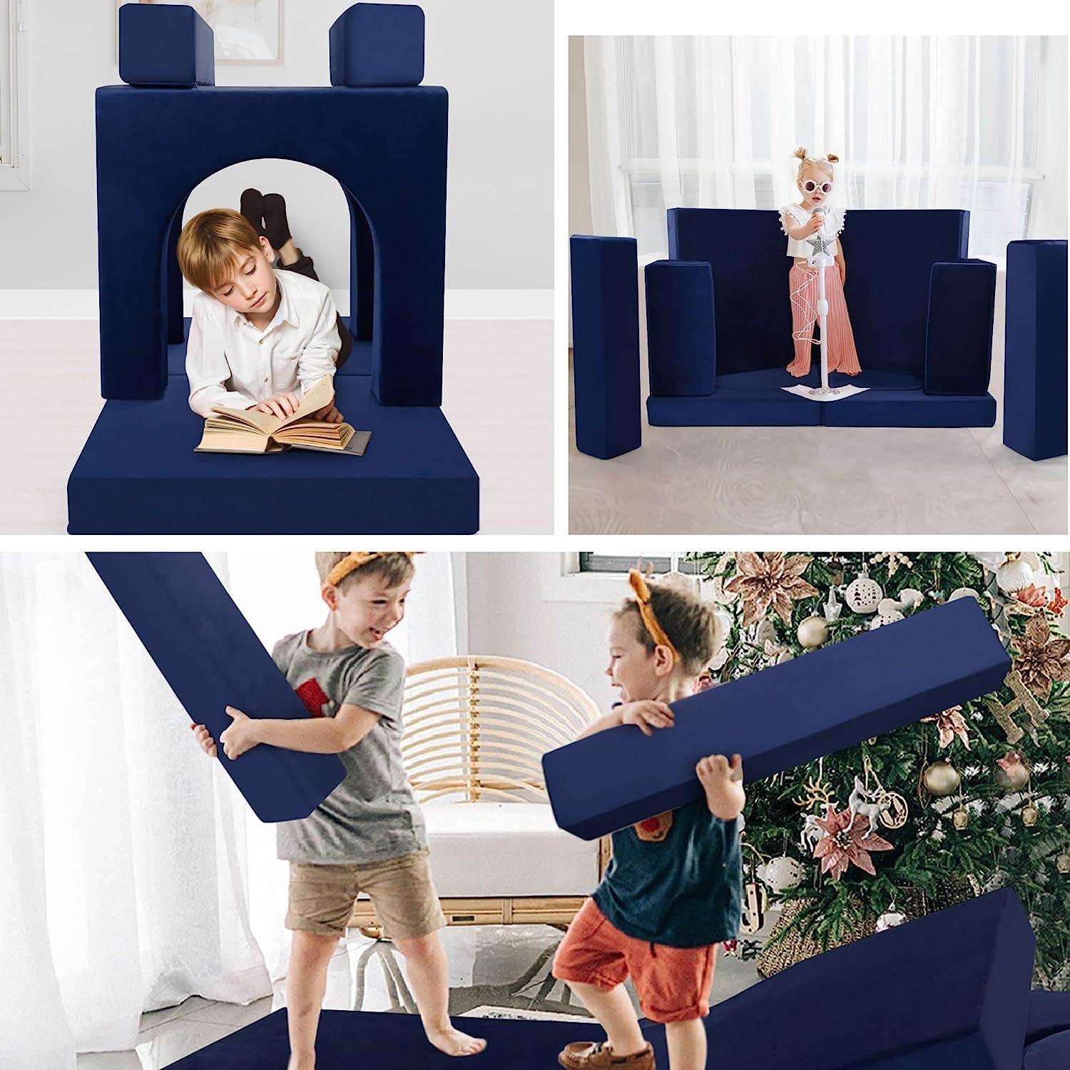 Kids play in different scenes built by solid navy kids paly couch
