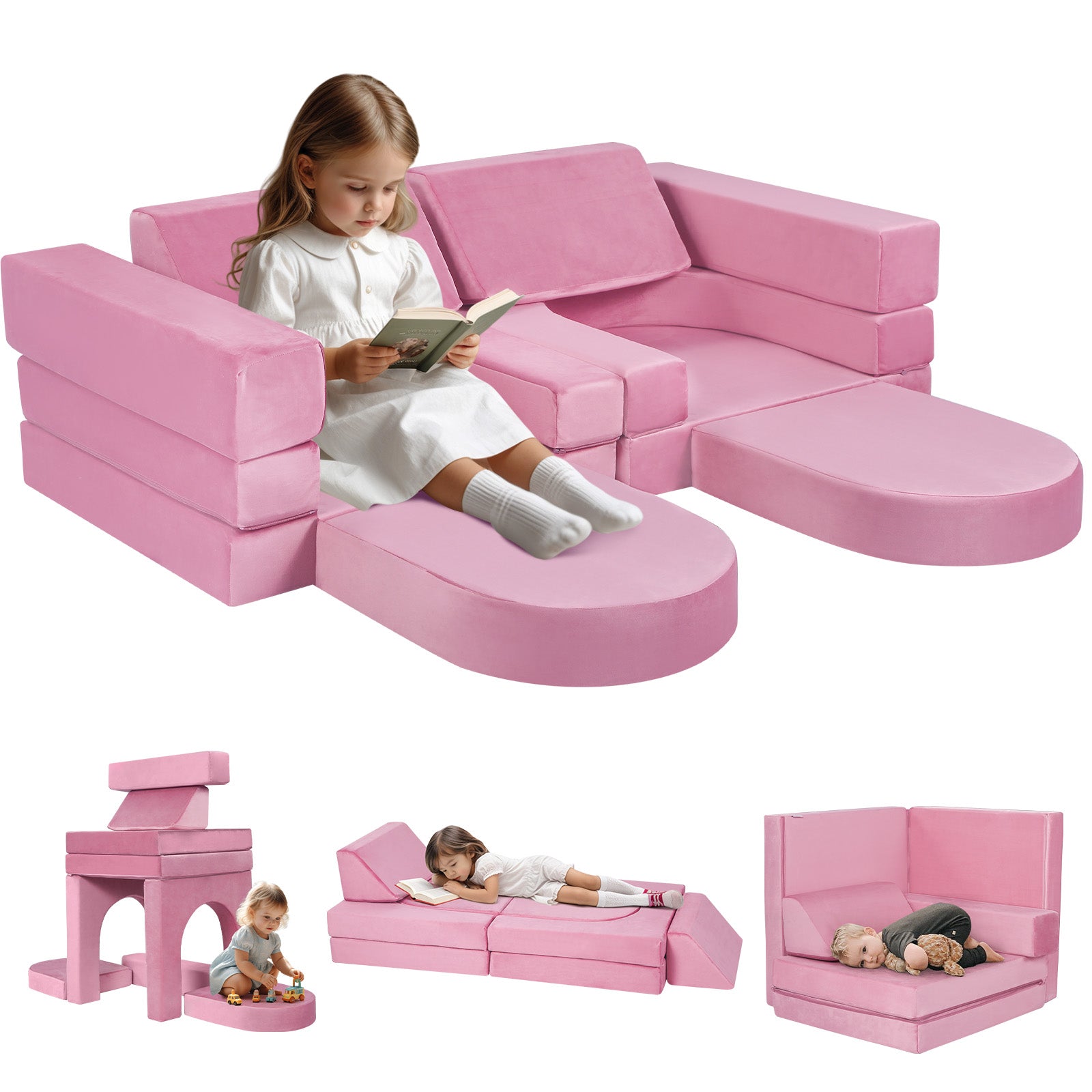 Girl reading on solid pink fabric kids play couch