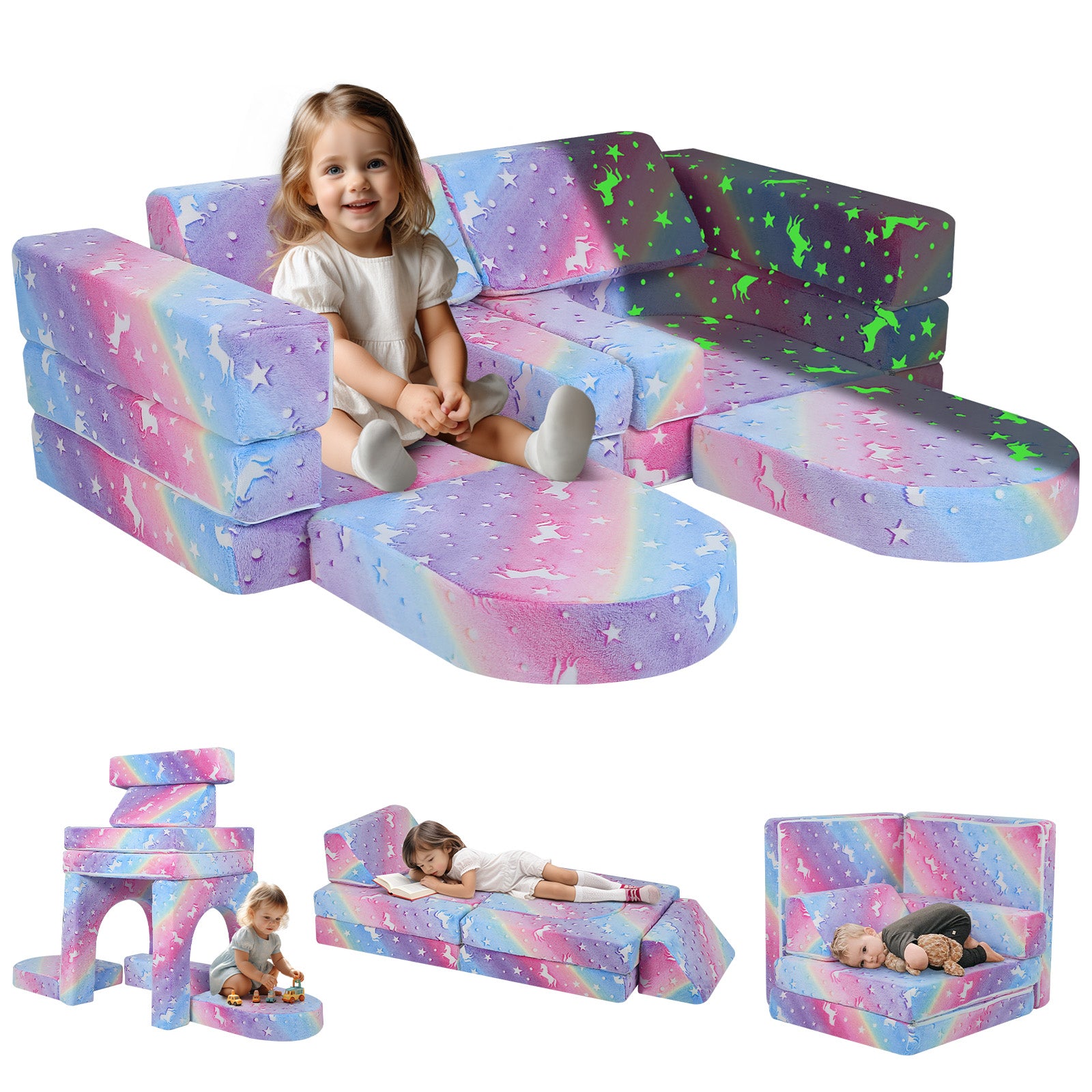 Girl sitting on glowing rainbow fabric kids play couch