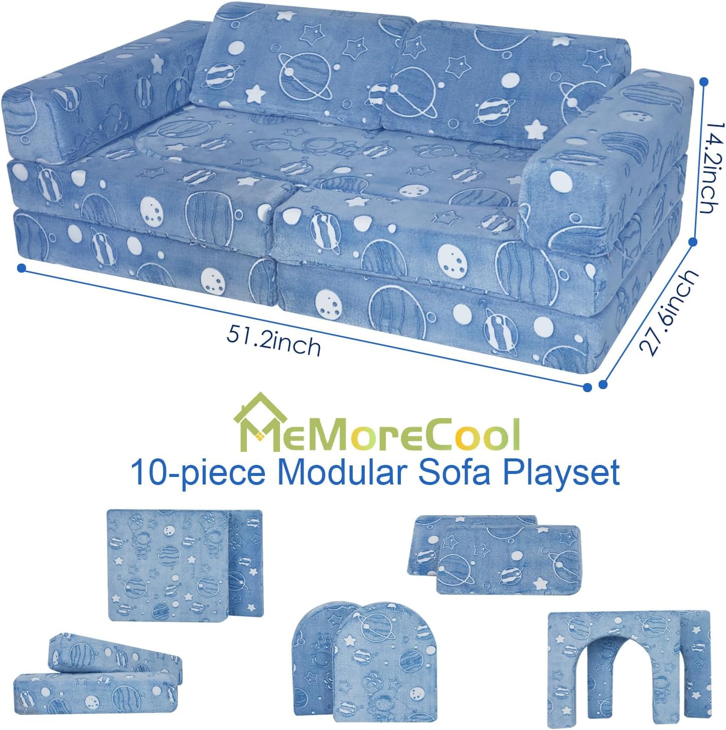 Glowing space kids play couch measures 27.6 “D x 51.2 ‘W x 14.2 ’H and includes 2 foldable seats, 2 back cushions,2 armrest parts, and 4 cushions.