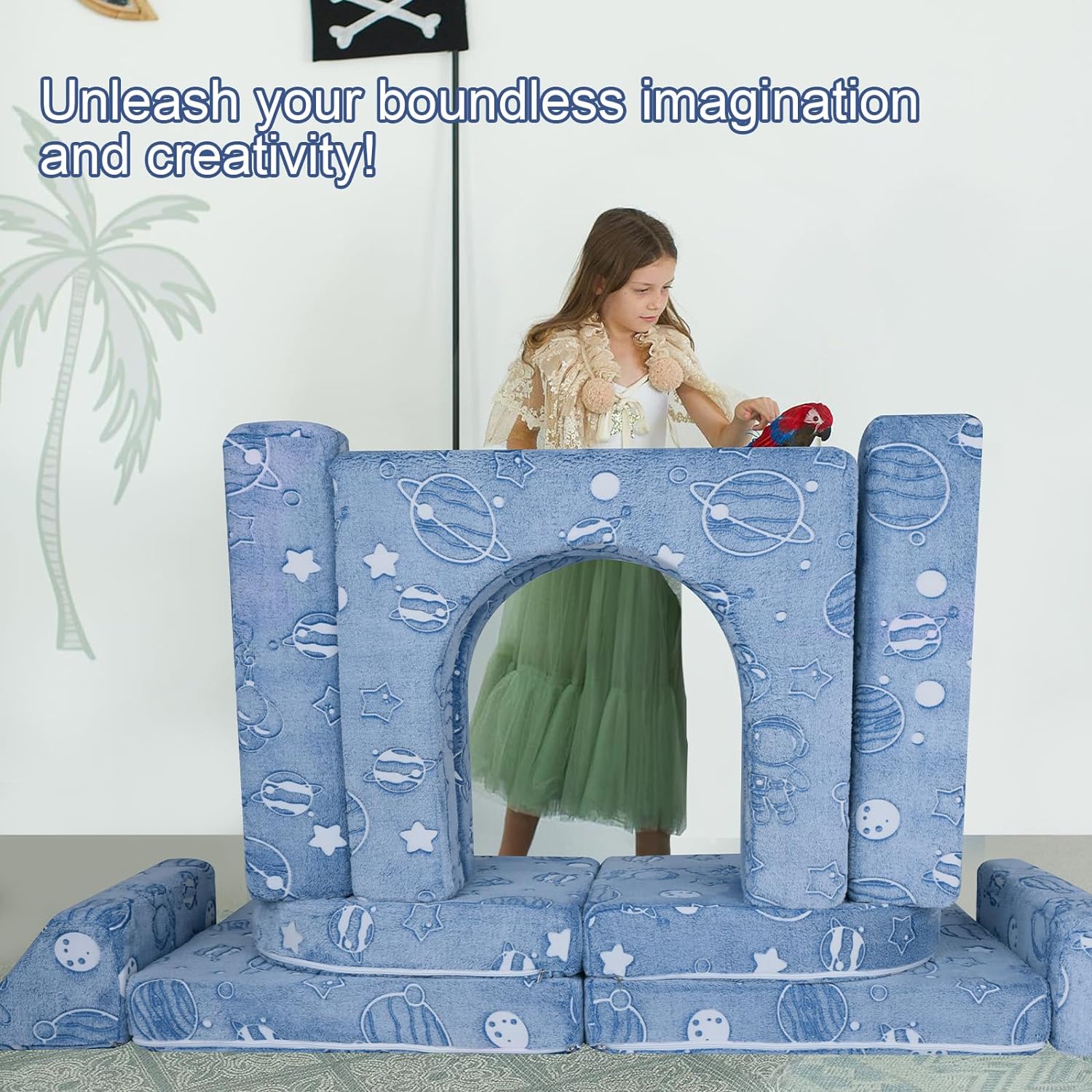 Girl playing on a castle built by Gowing Space kids play couch