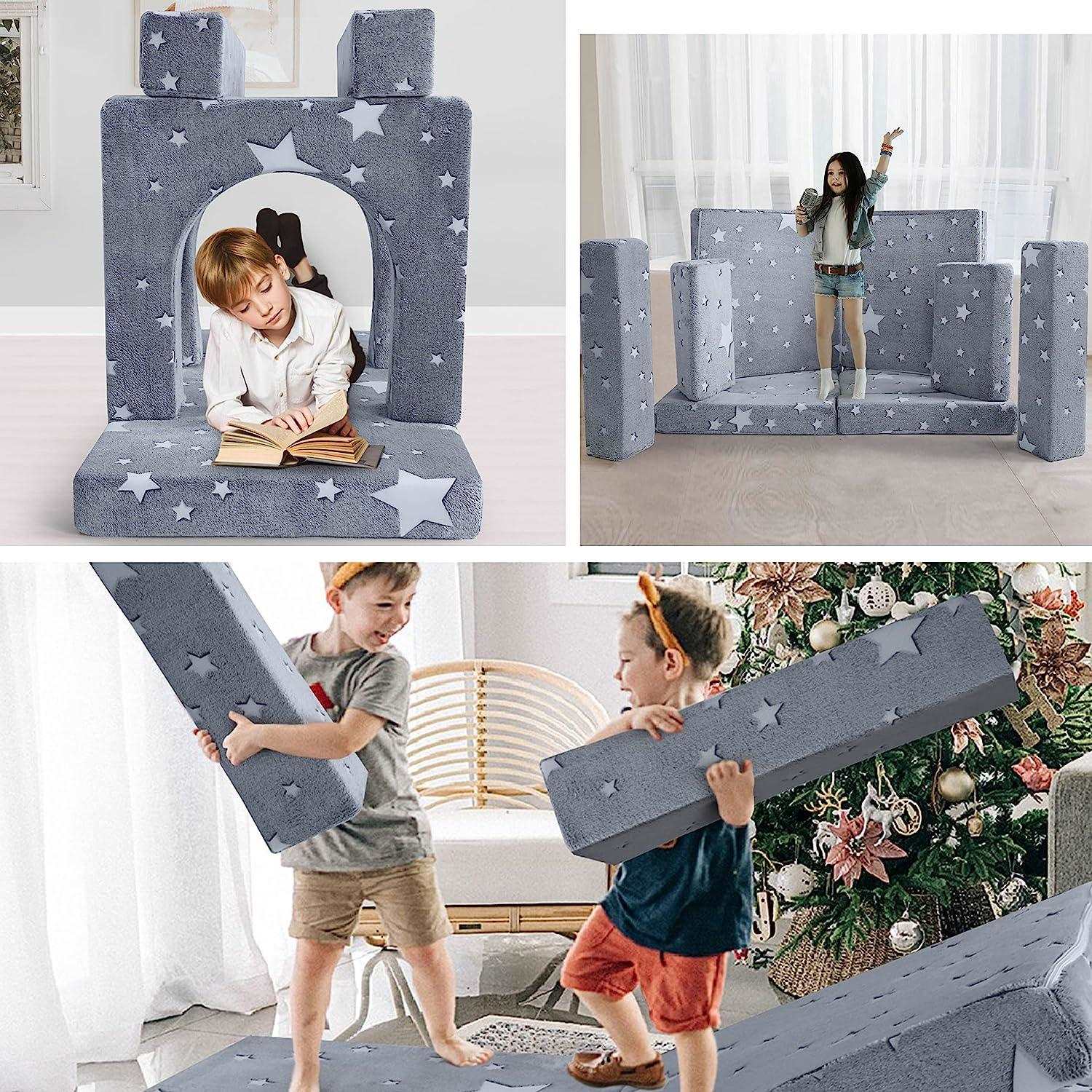 Kids play in different scenes built by glowing star kids paly couch