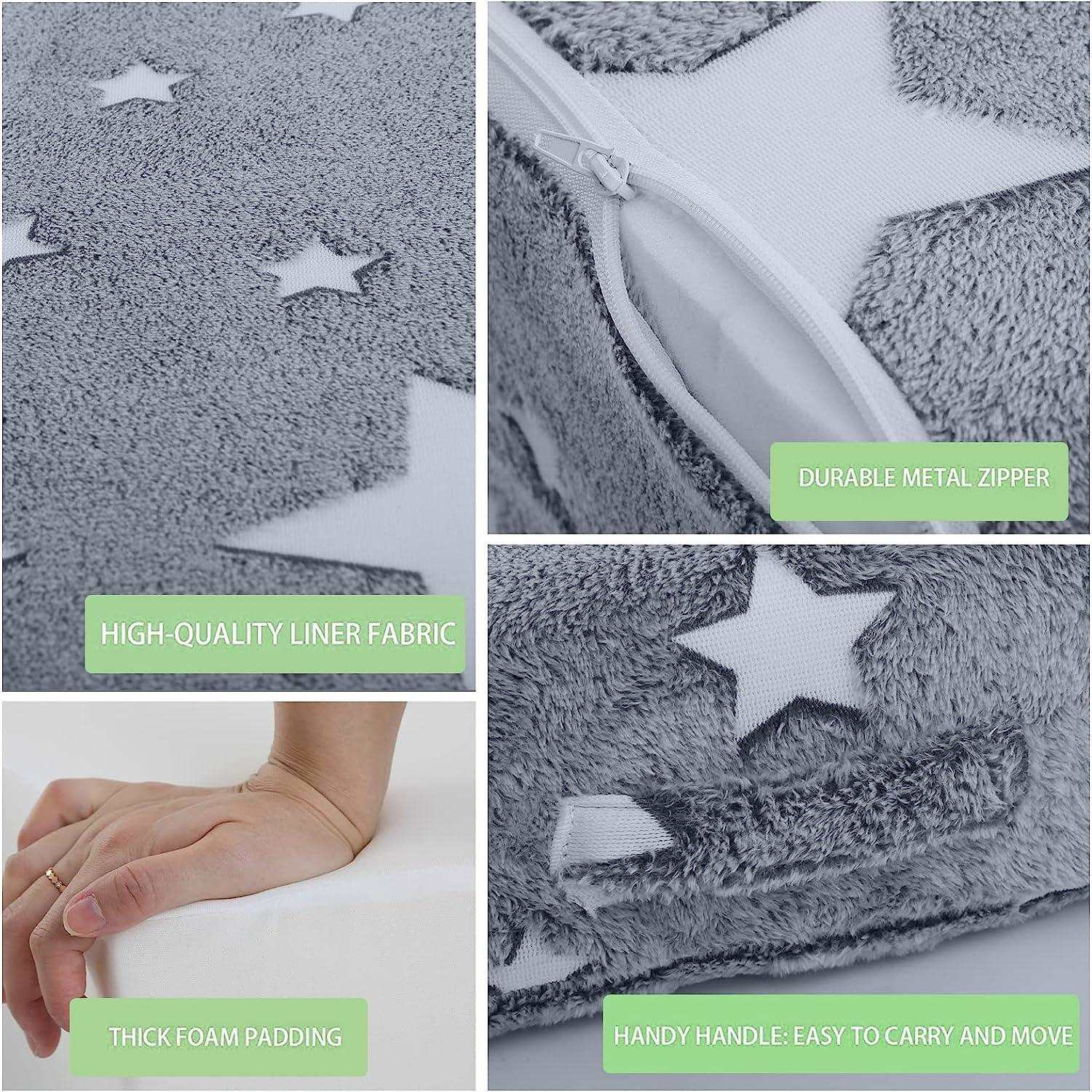 Fabric, zipper, foam and handle details of Glowing star kids play couch